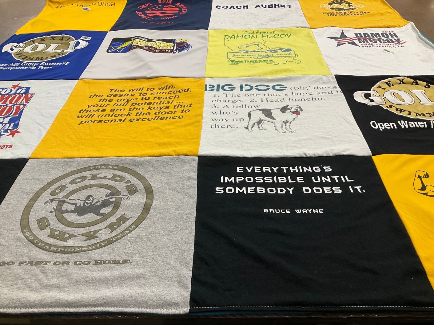 T-shirt quilt with swimming, sports themes by Karla from TX