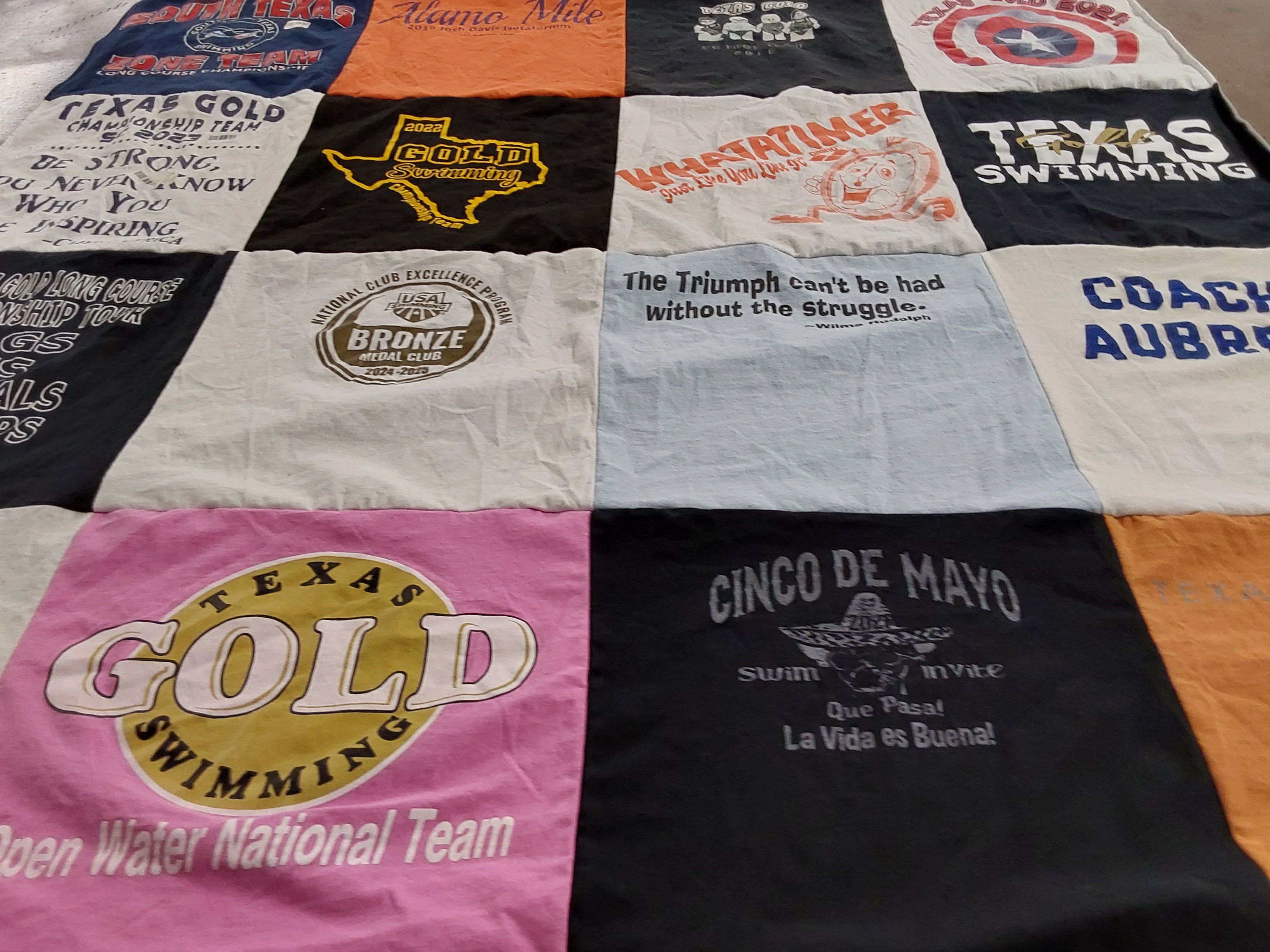 T-shirt quilt with swimming, sports themes by Karla from TX