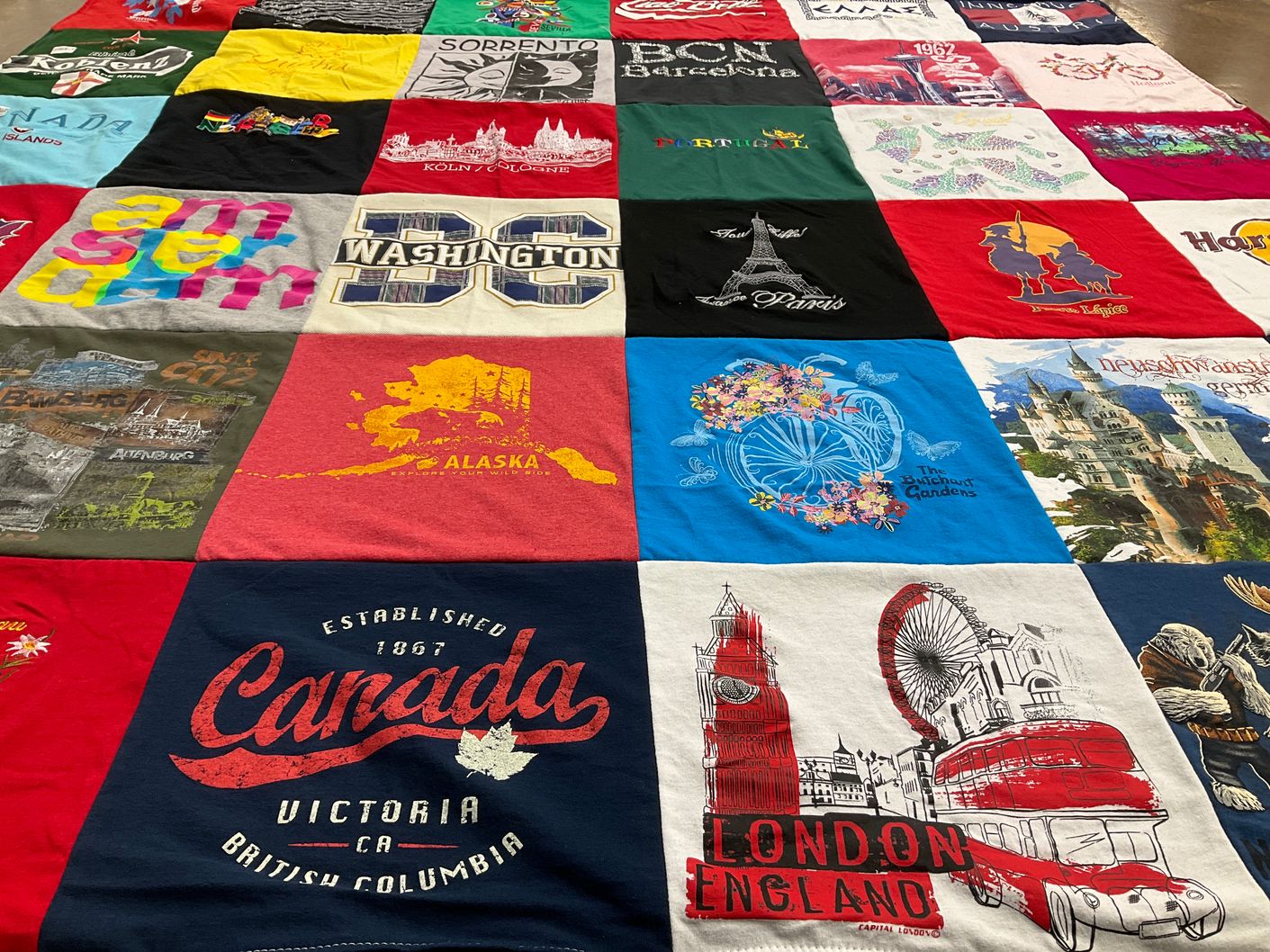 T-shirt quilt with travel, culture themes by Claireece from OK