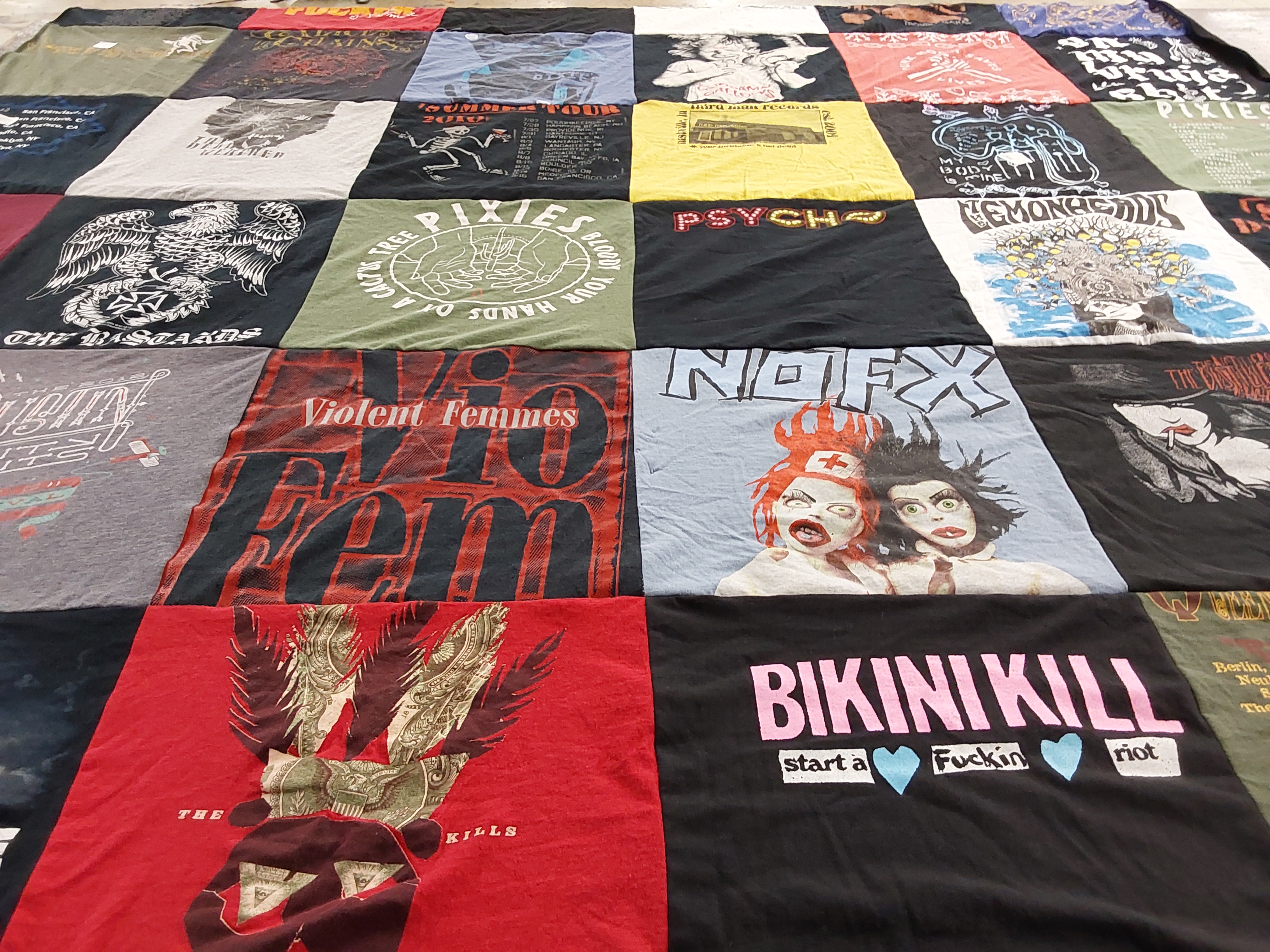 T-shirt quilt with music, punk themes by Dimitri from MA