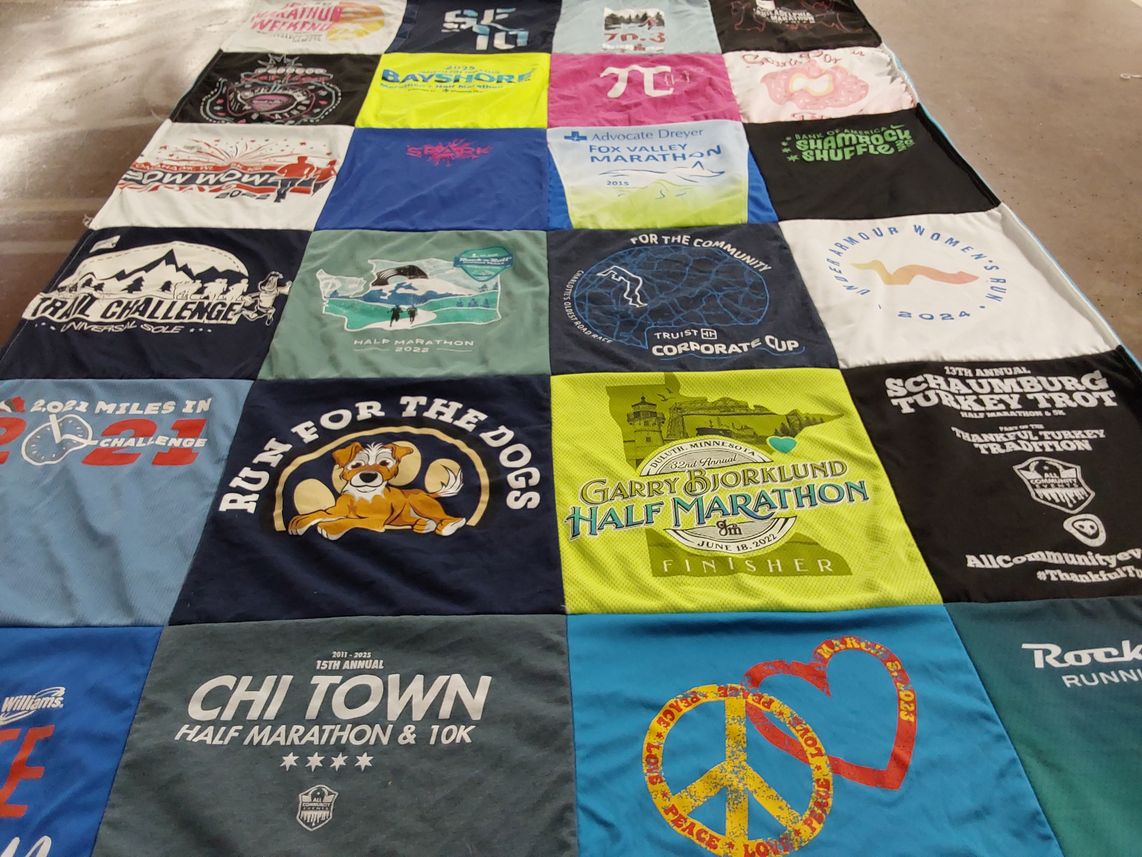 T-shirt quilt with running, sports themes by Brianna from IL