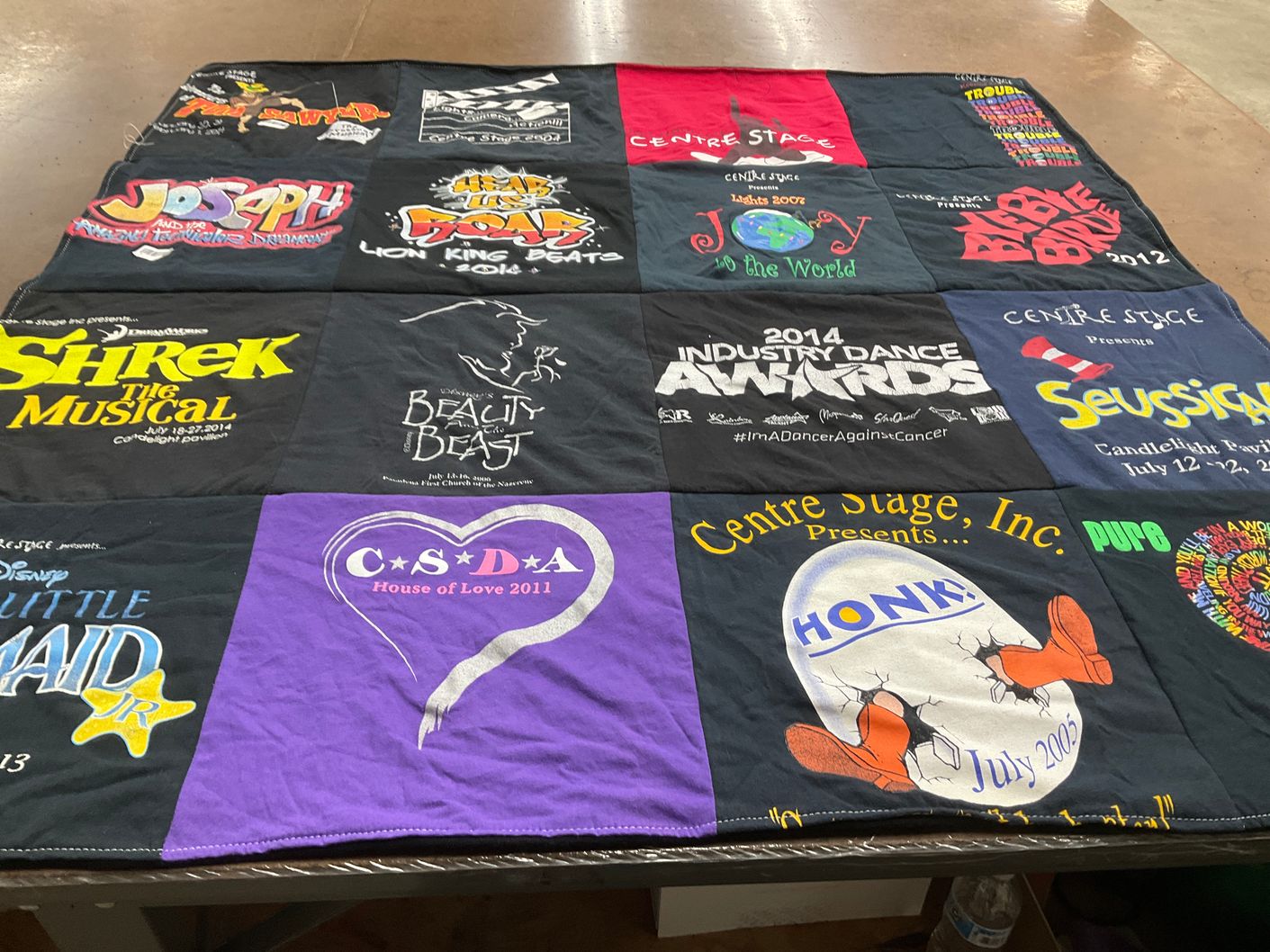 T-shirt quilt with musical theatre, dance themes by Hailey from CA