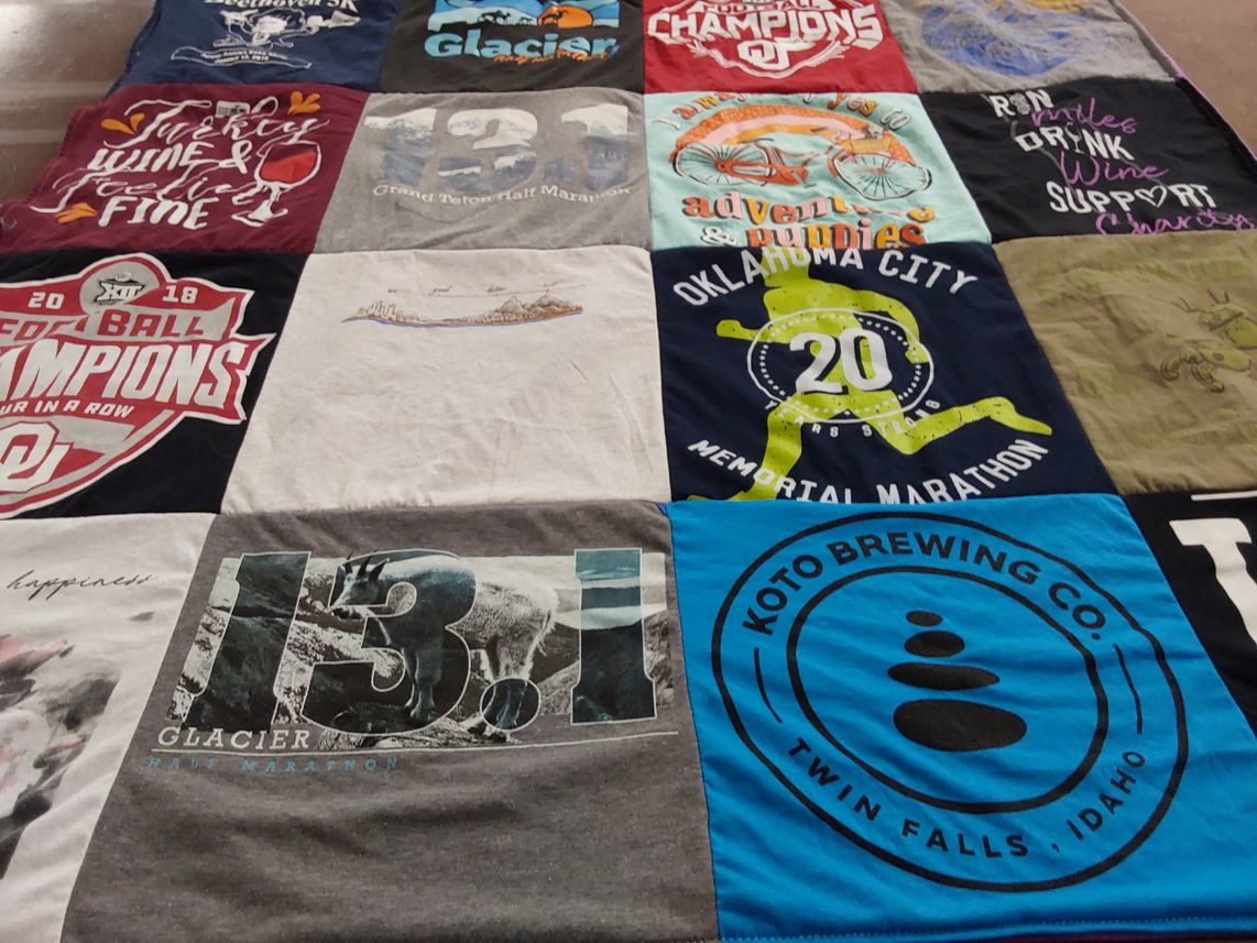 T-shirt quilt with running, brewing themes by Georgia from NC