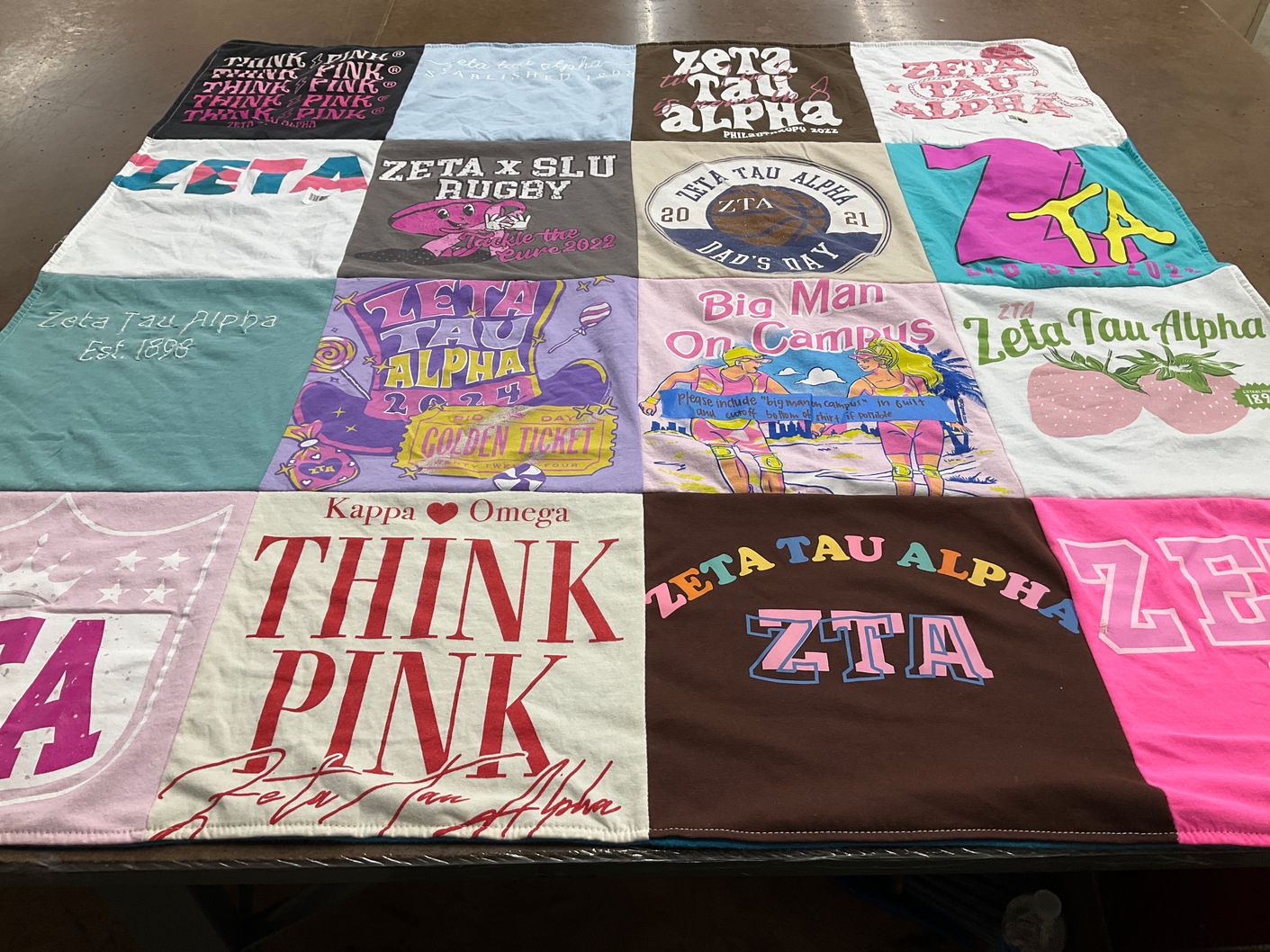 T-shirt quilt with sorority, community themes by Ellie from WI