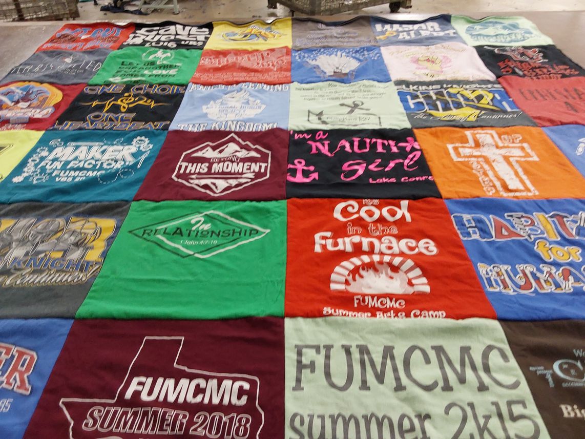 T-shirt quilt with camping, youth activities themes by Monita from TX