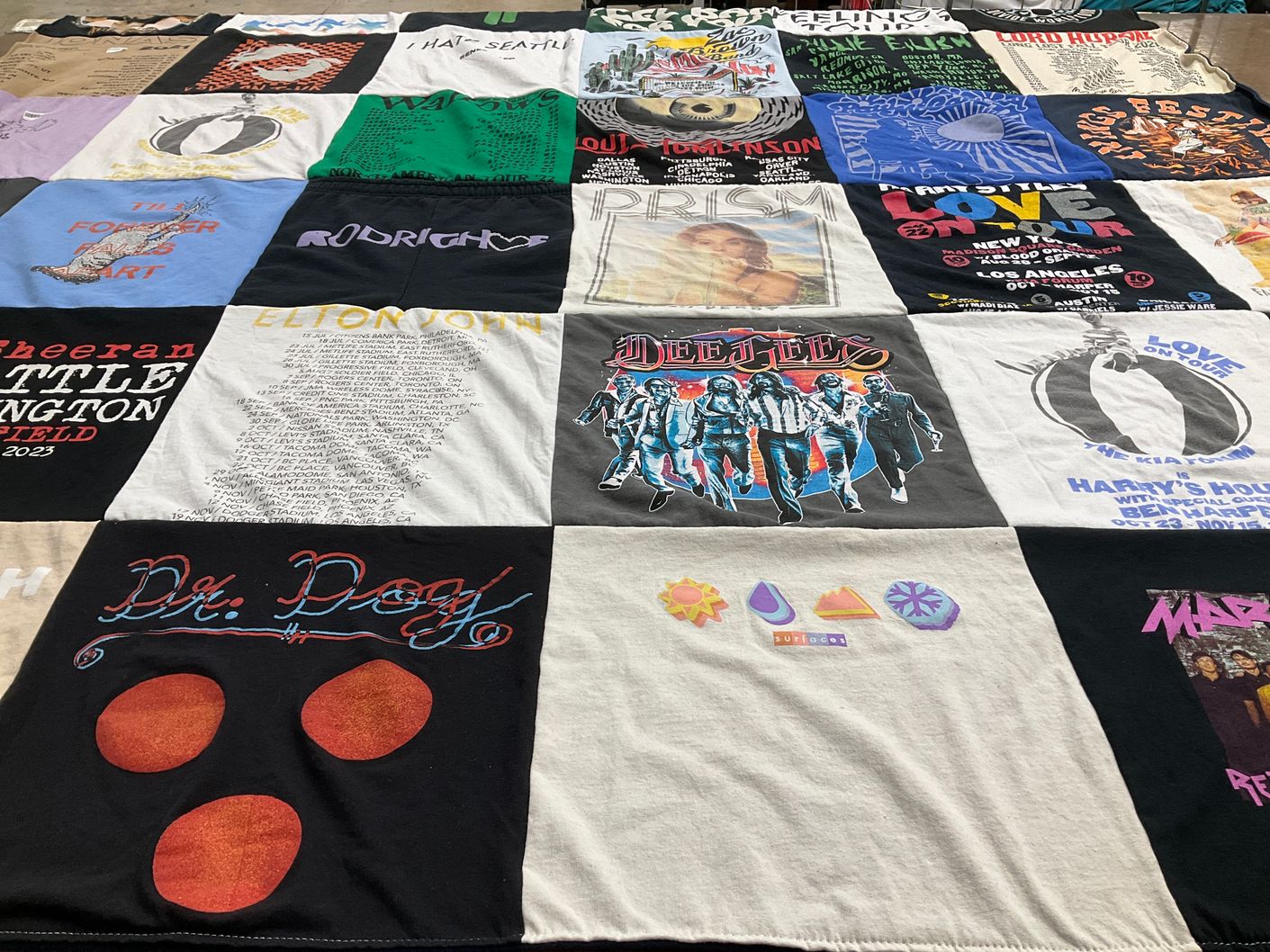 T-shirt quilt with music, concerts themes by Ellie from WA