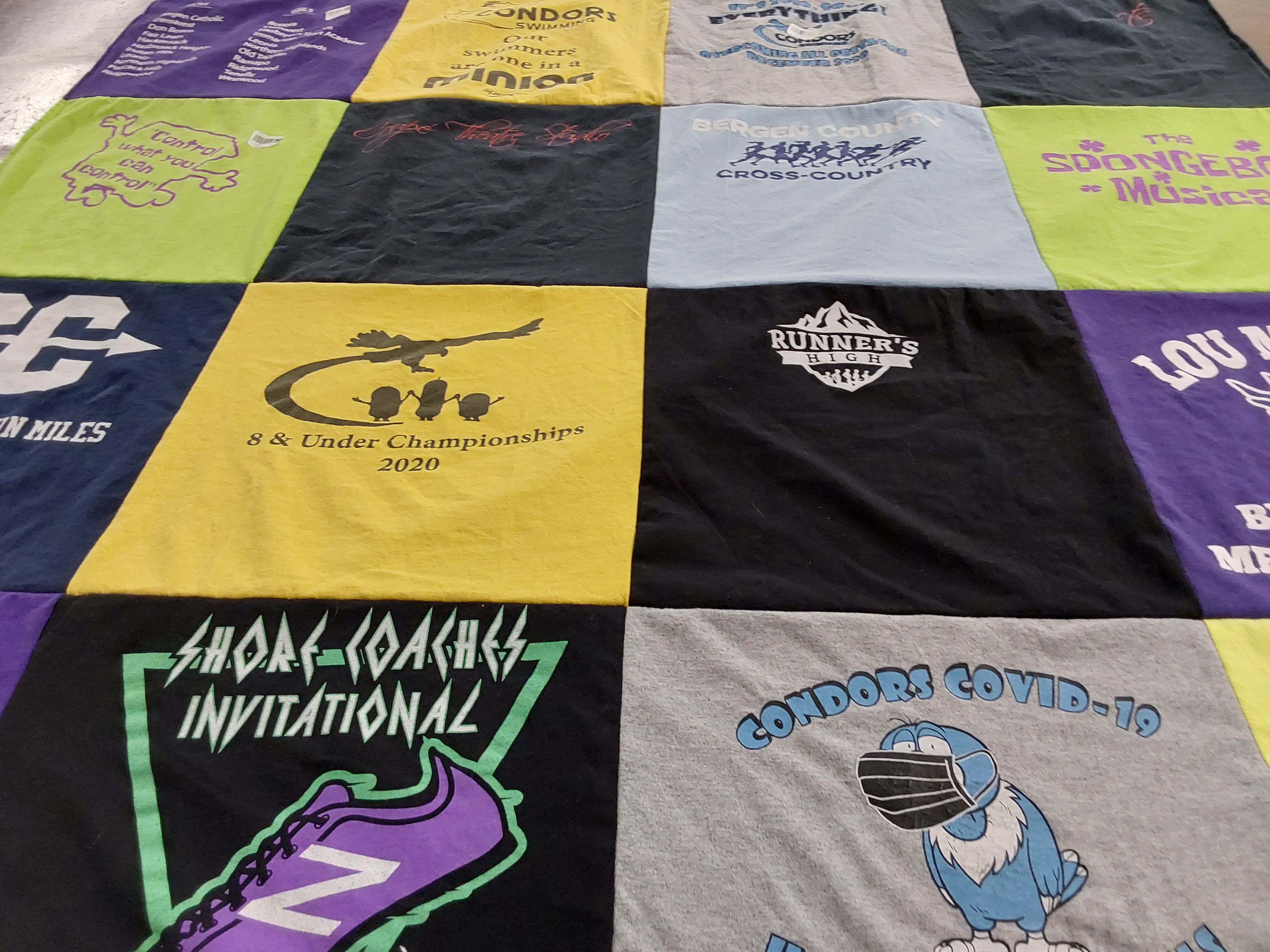 T-shirt quilt with swimming, running themes by Carolyn from NJ