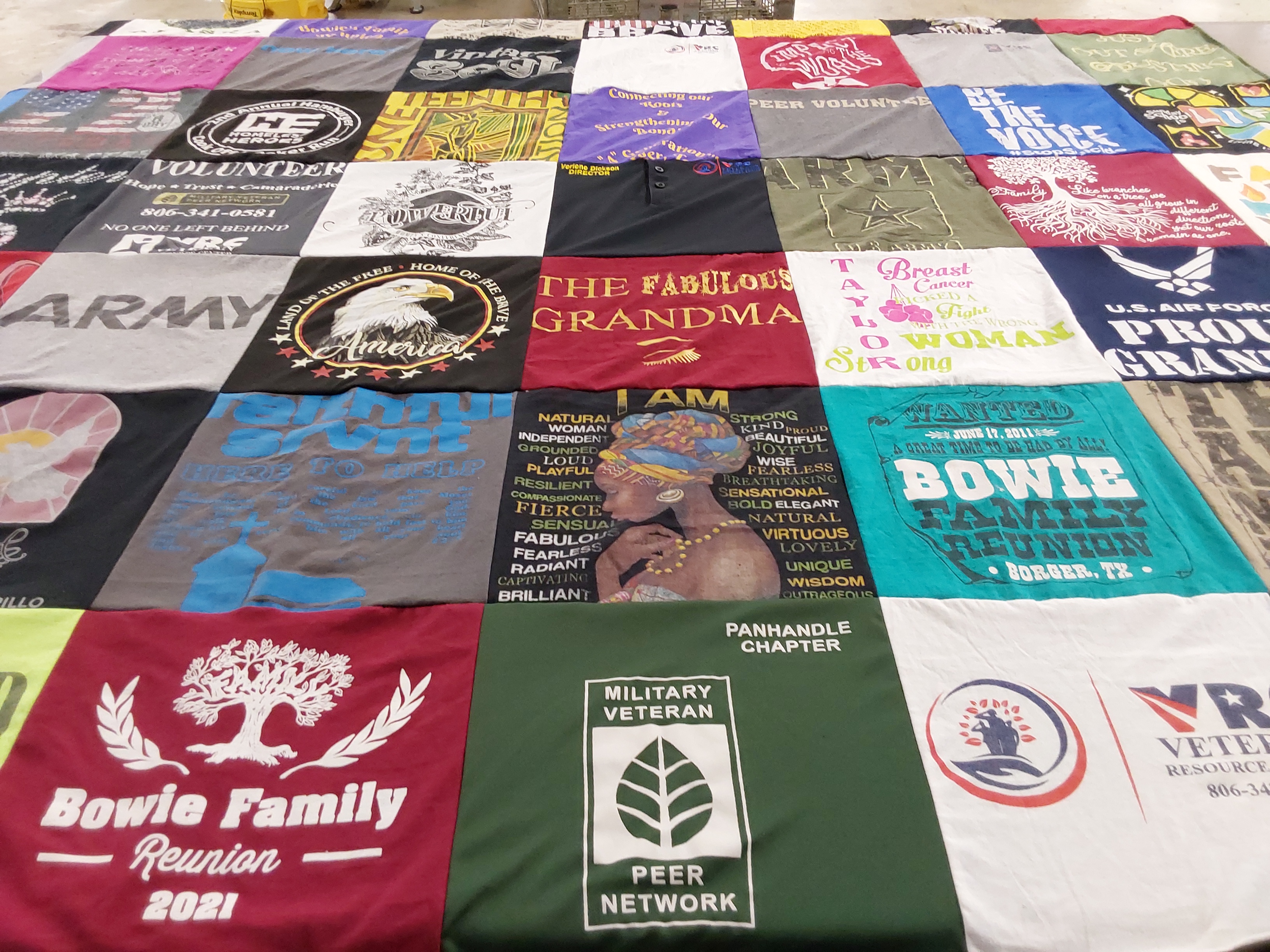 T-shirt quilt with family, supporting veterans themes by Verlene from TX