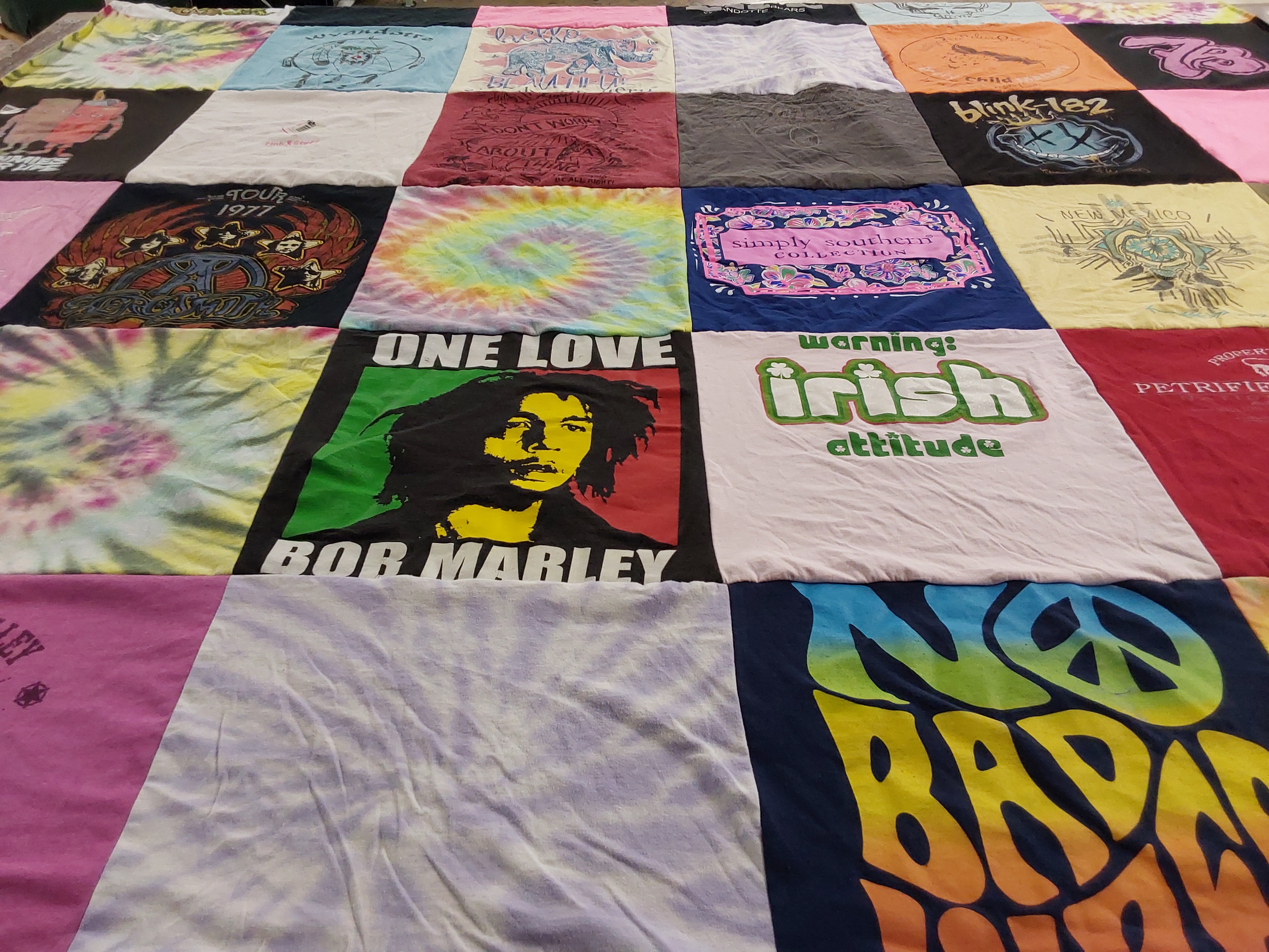 T-shirt quilt with music, tie-dye themes by cynthia from OK