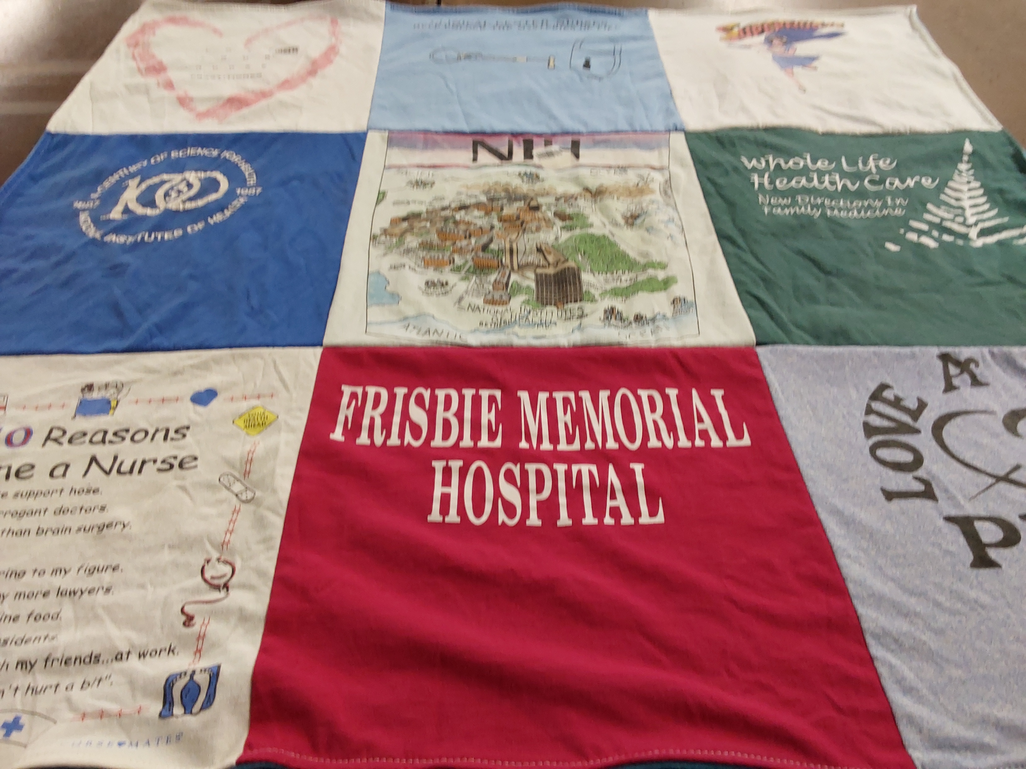 T-shirt quilt with healthcare, nursing themes by amy from NH
