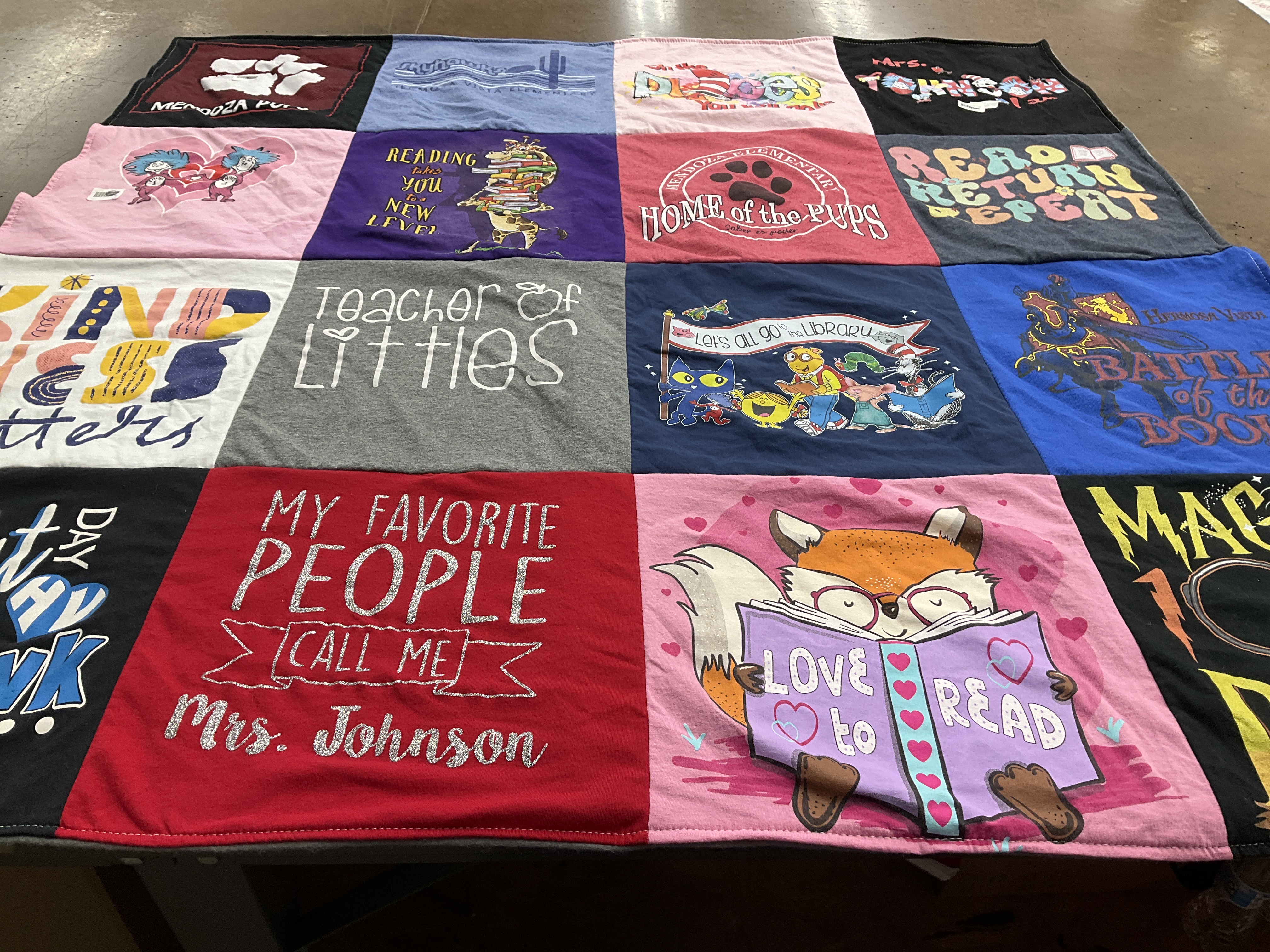 T-shirt quilt with reading, education themes by Samantha from AZ