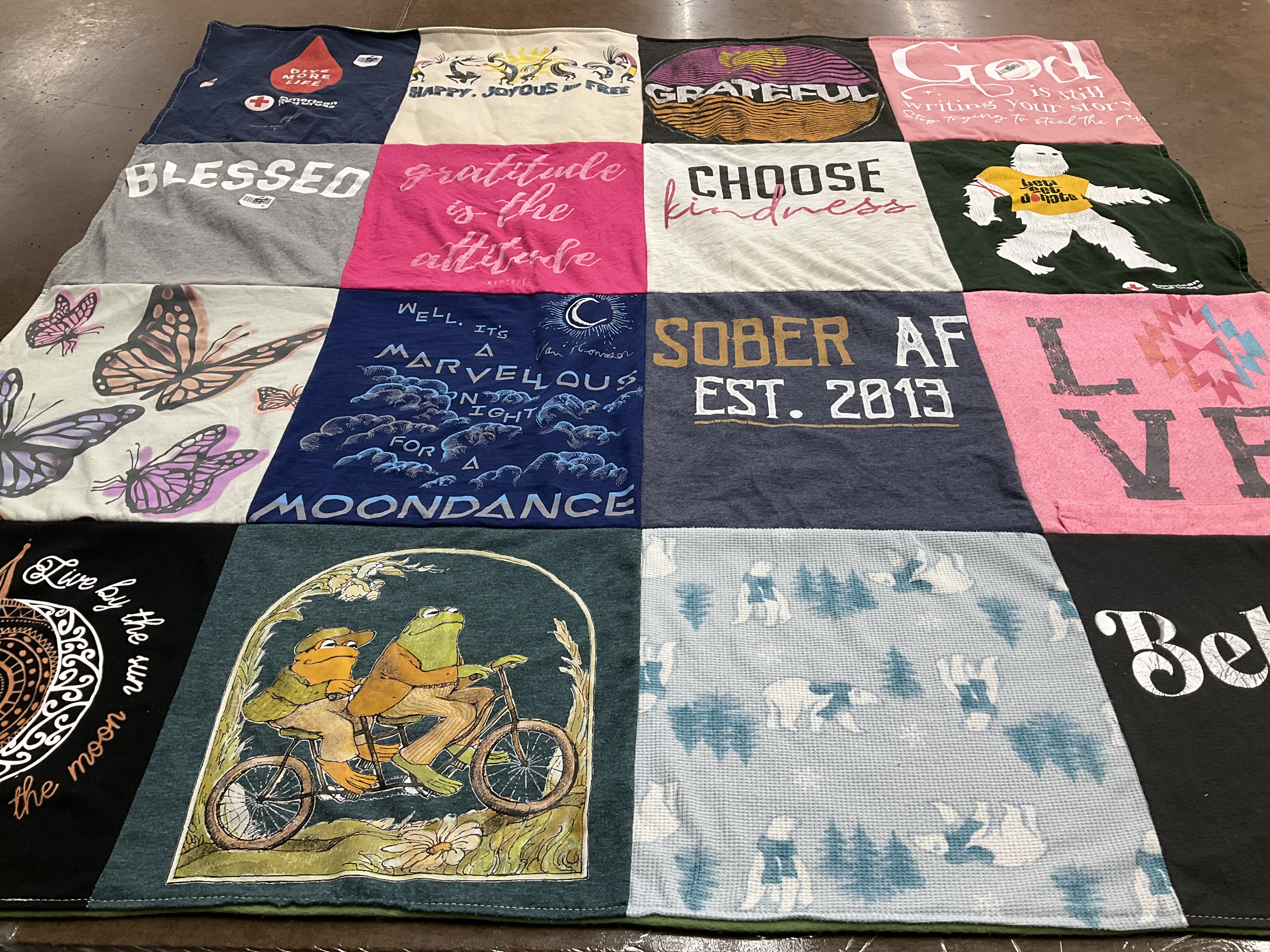 T-shirt quilt with positivity, gratitude themes by Heather from CA