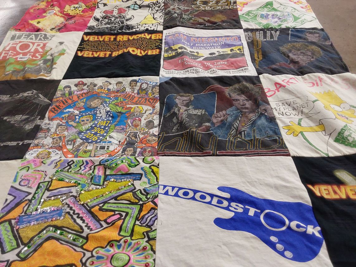 T-shirt quilt with music, marathons themes by sandy from CA