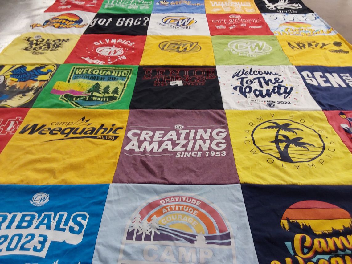 T-shirt quilt with camping, outdoor activities themes by kate from GA