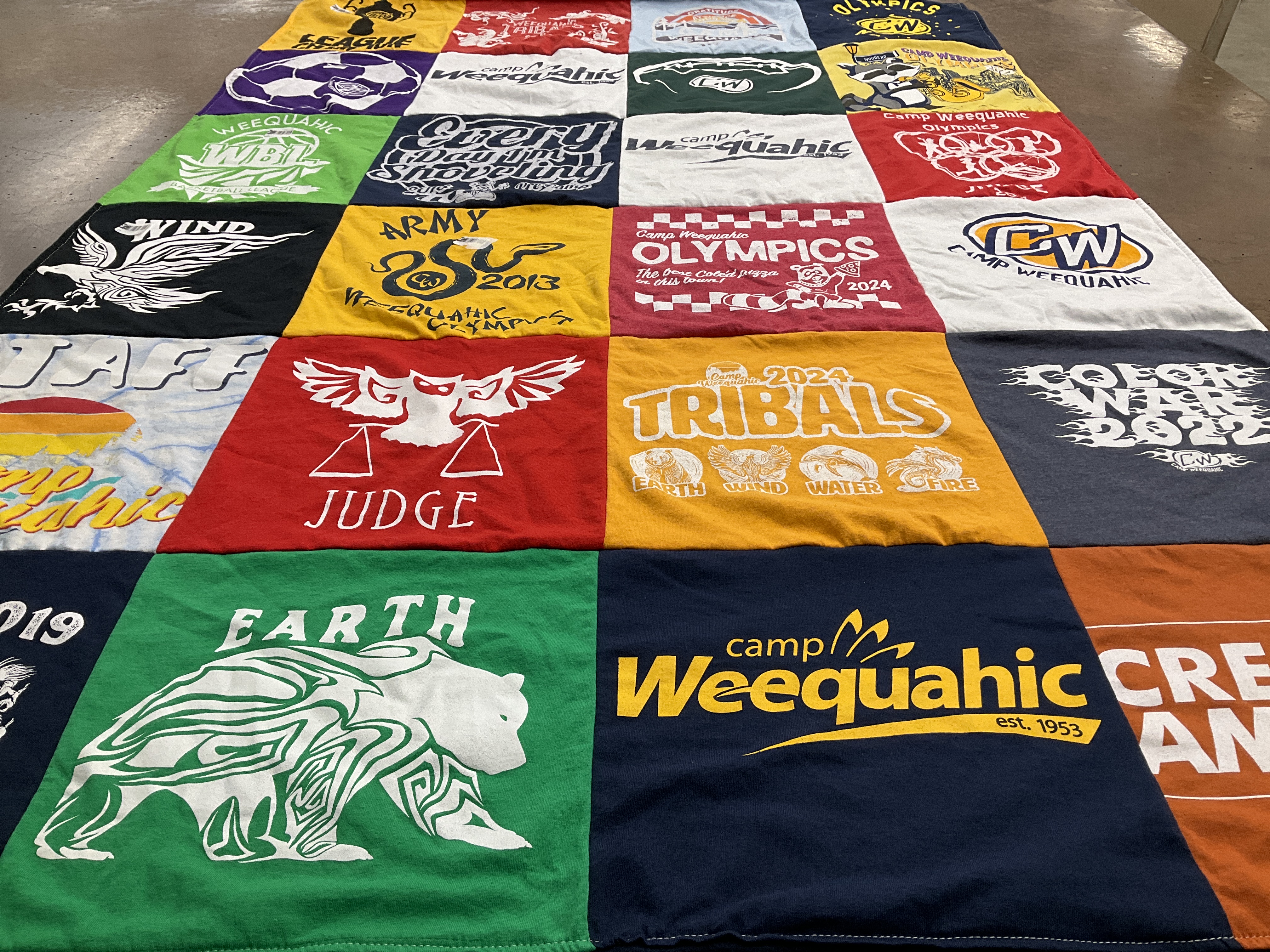 T-shirt quilt with camping, team activities themes by kate from GA