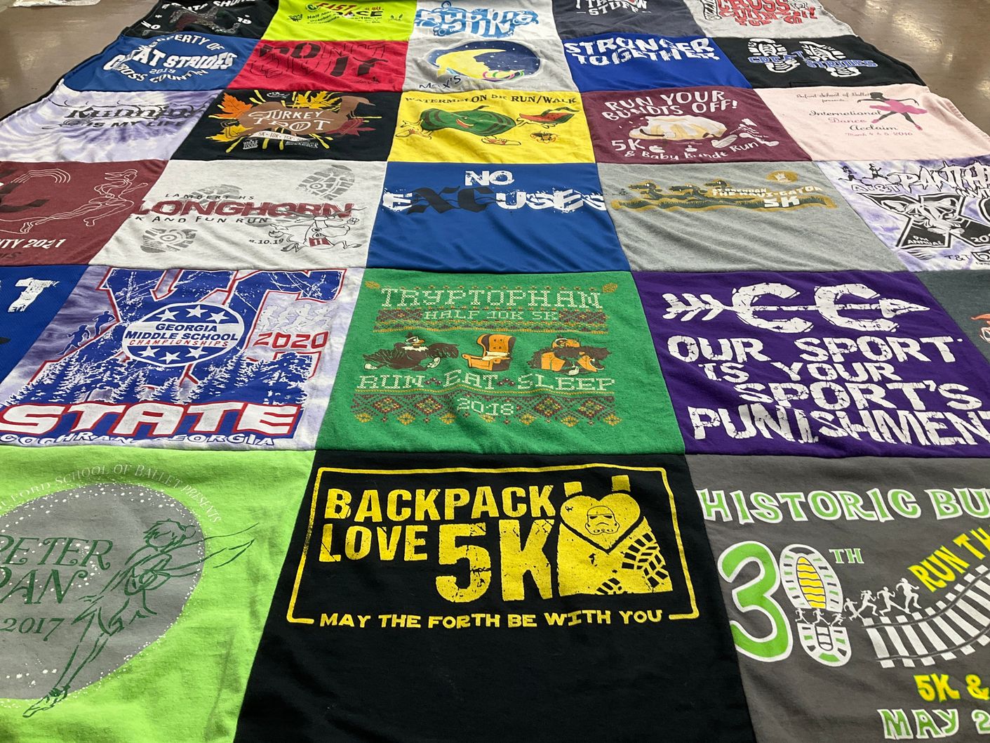 T-shirt quilt with running, fitness themes by Jamie from GA