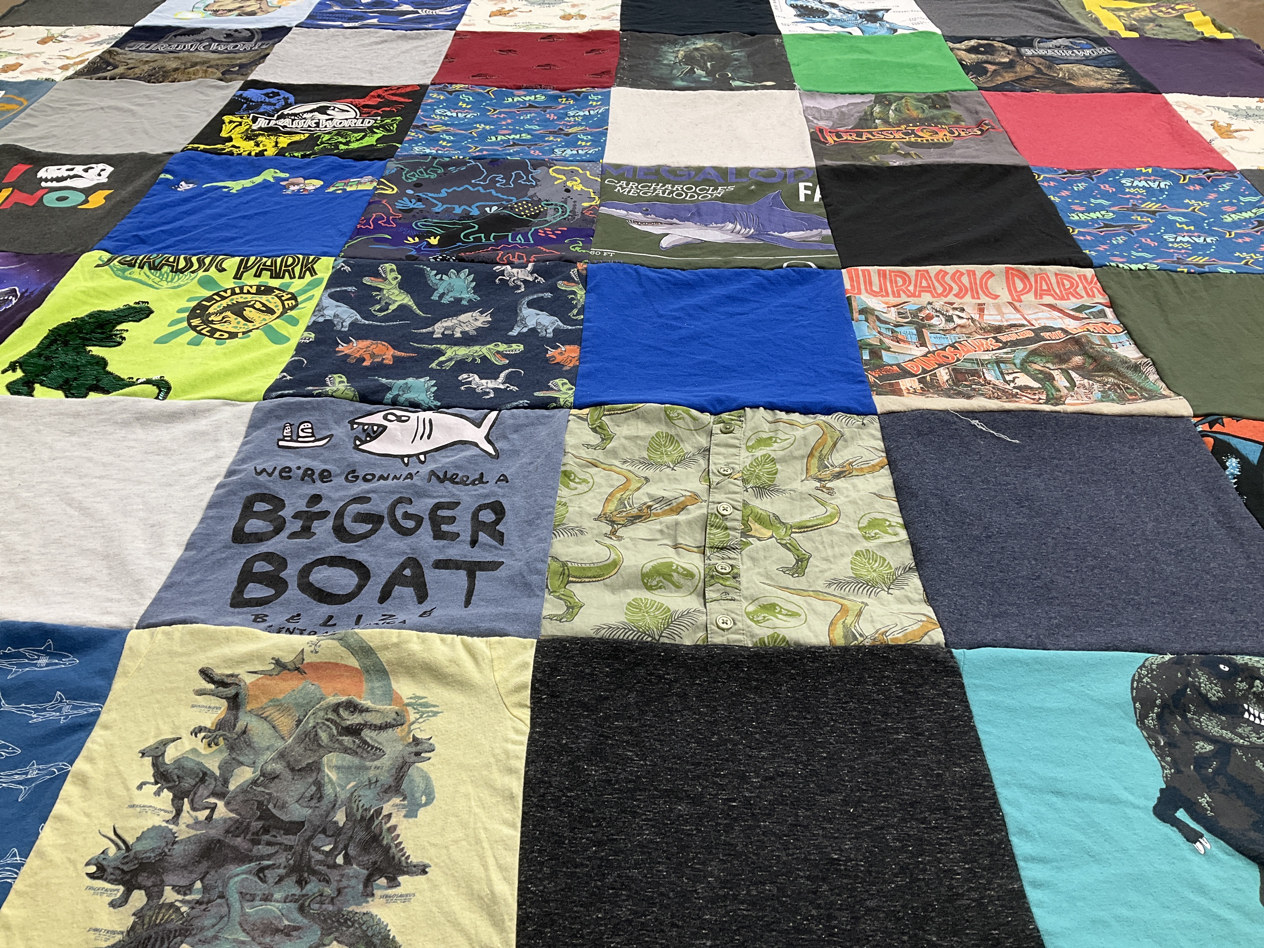 T-shirt quilt with dinosaurs, movies themes by Annette from OH