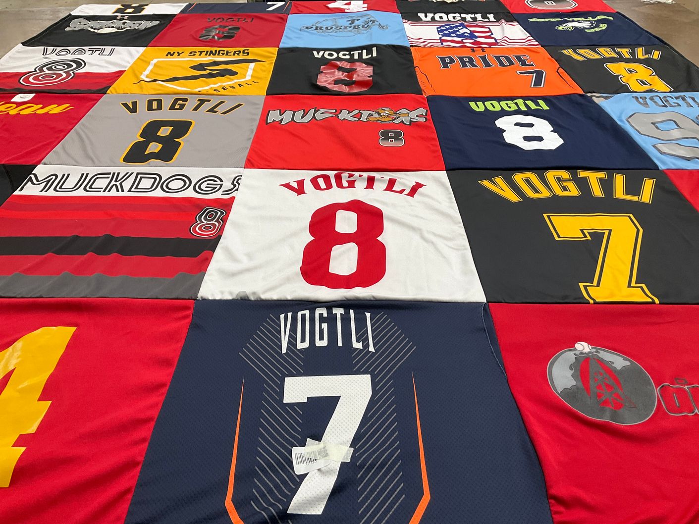 T-shirt quilt with sports, baseball themes by Marnie from NY