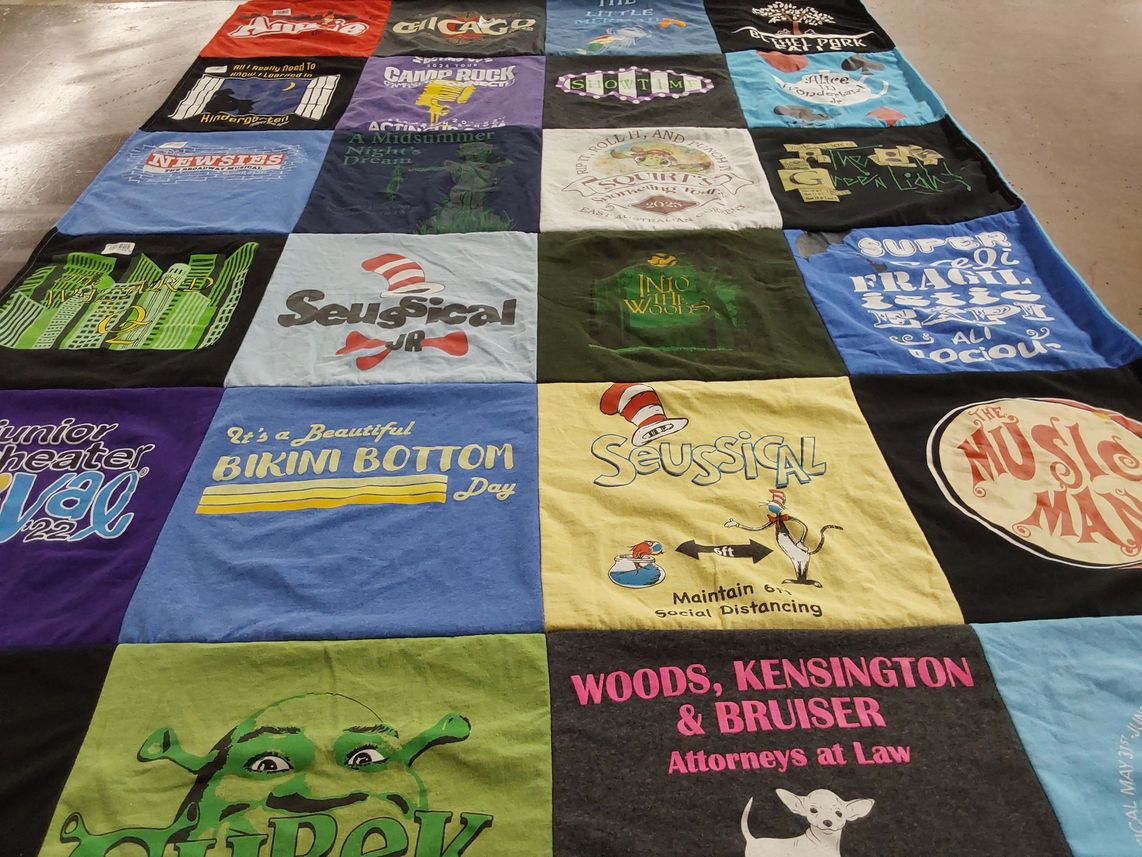T-shirt quilt with theater, musicals themes by Leah from OH