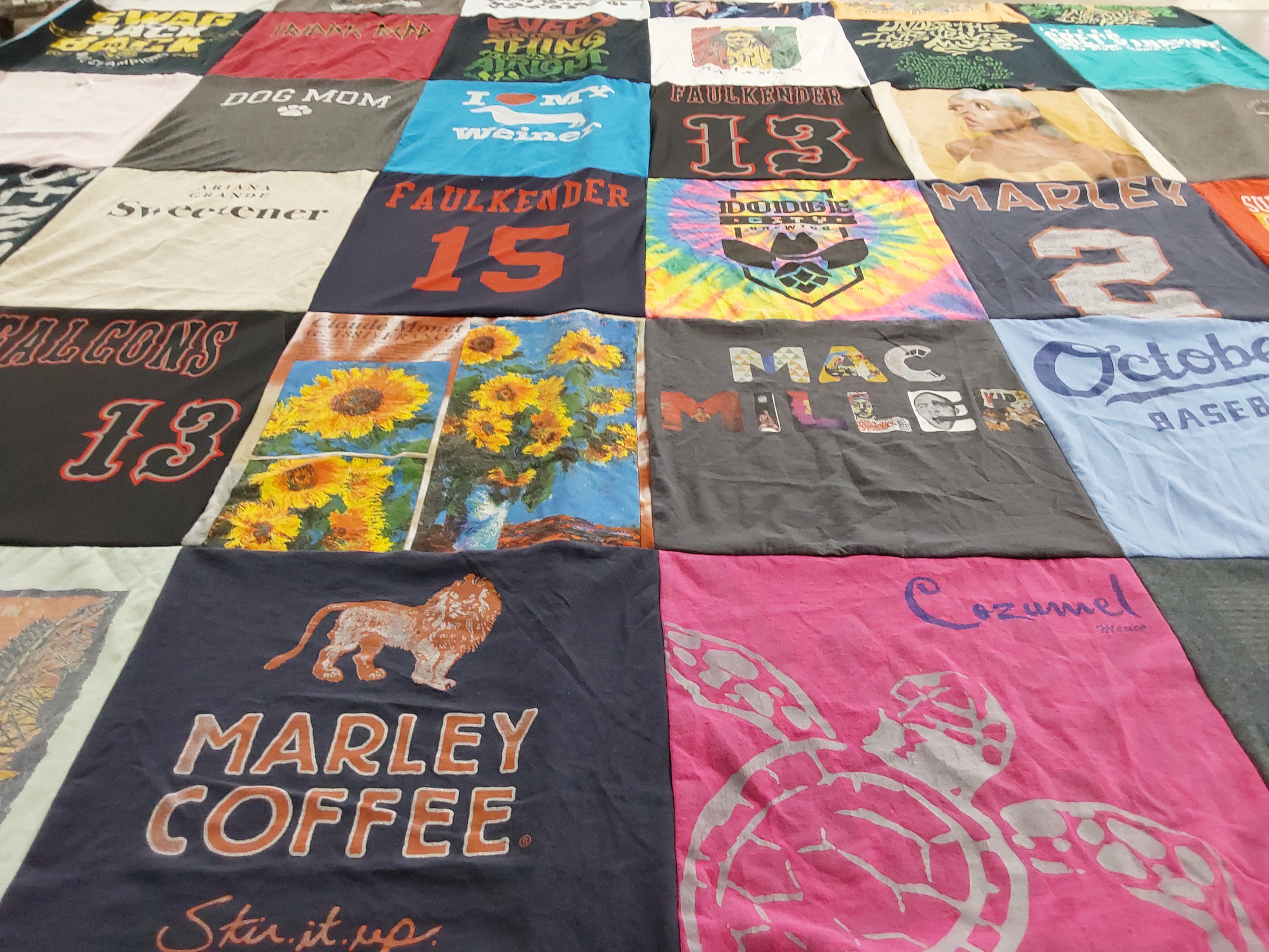 T-shirt quilt with dogs, coffee themes by Brenda from KS