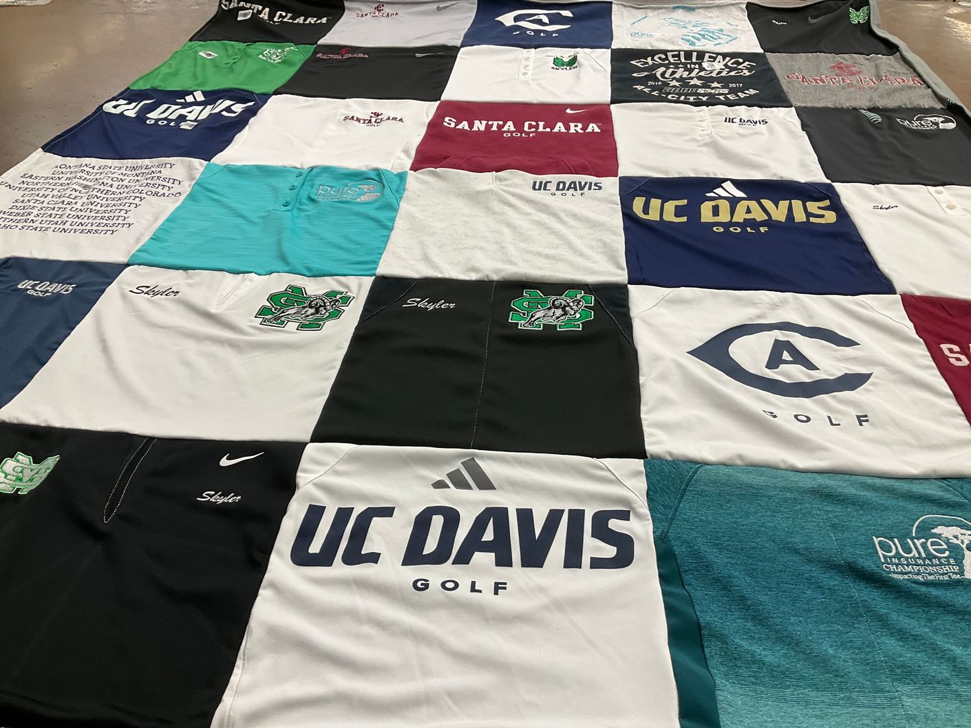 T-shirt quilt featuring santa clara university golf, university of california davis golf by Tracy from CA