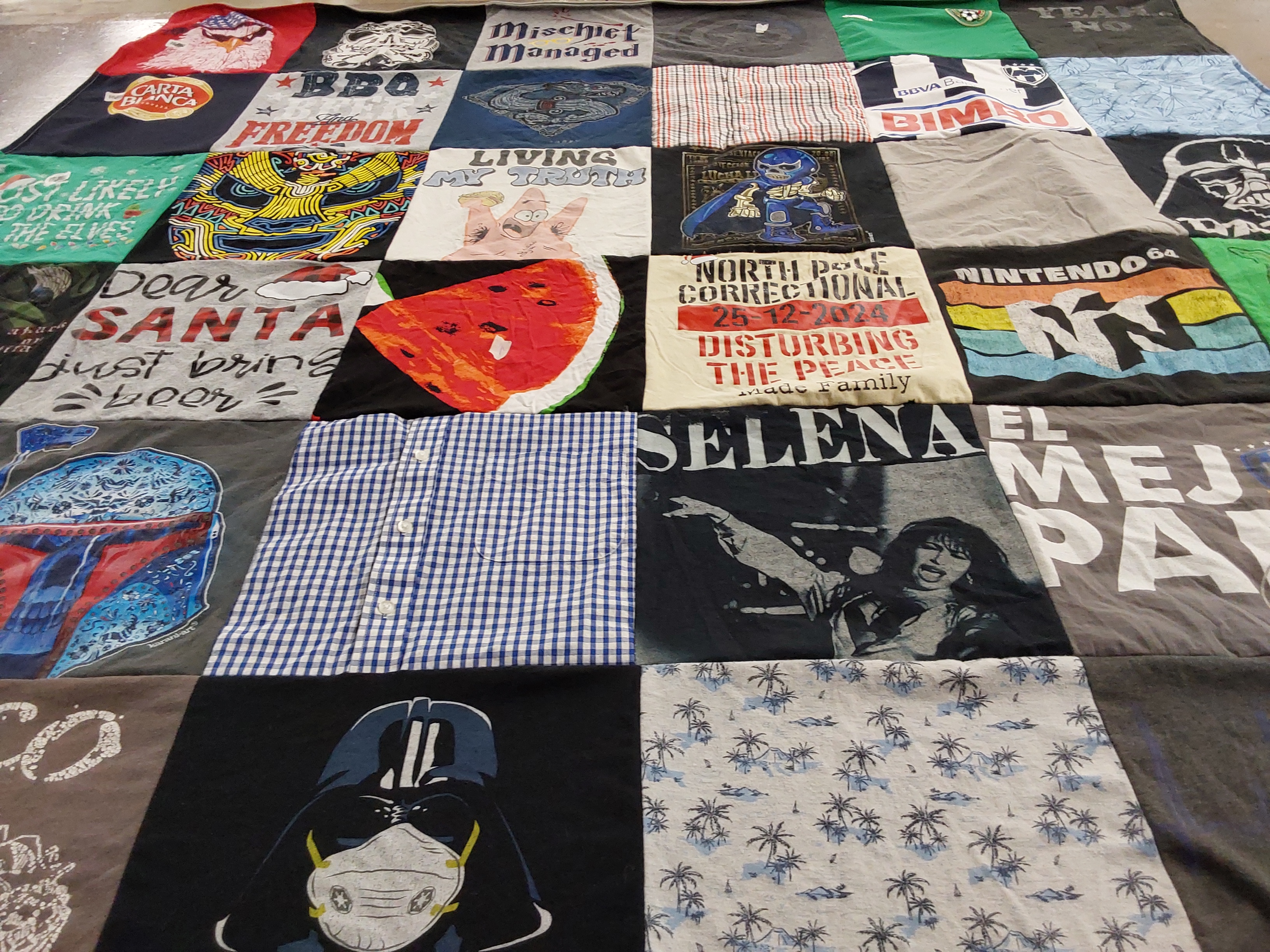 T-shirt quilt with food, music themes by Amber from CT