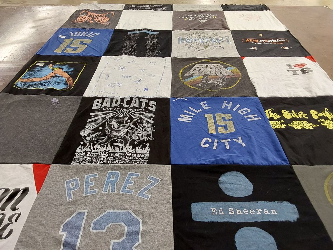 T-shirt quilt with music, sports themes by Annabelle from CO