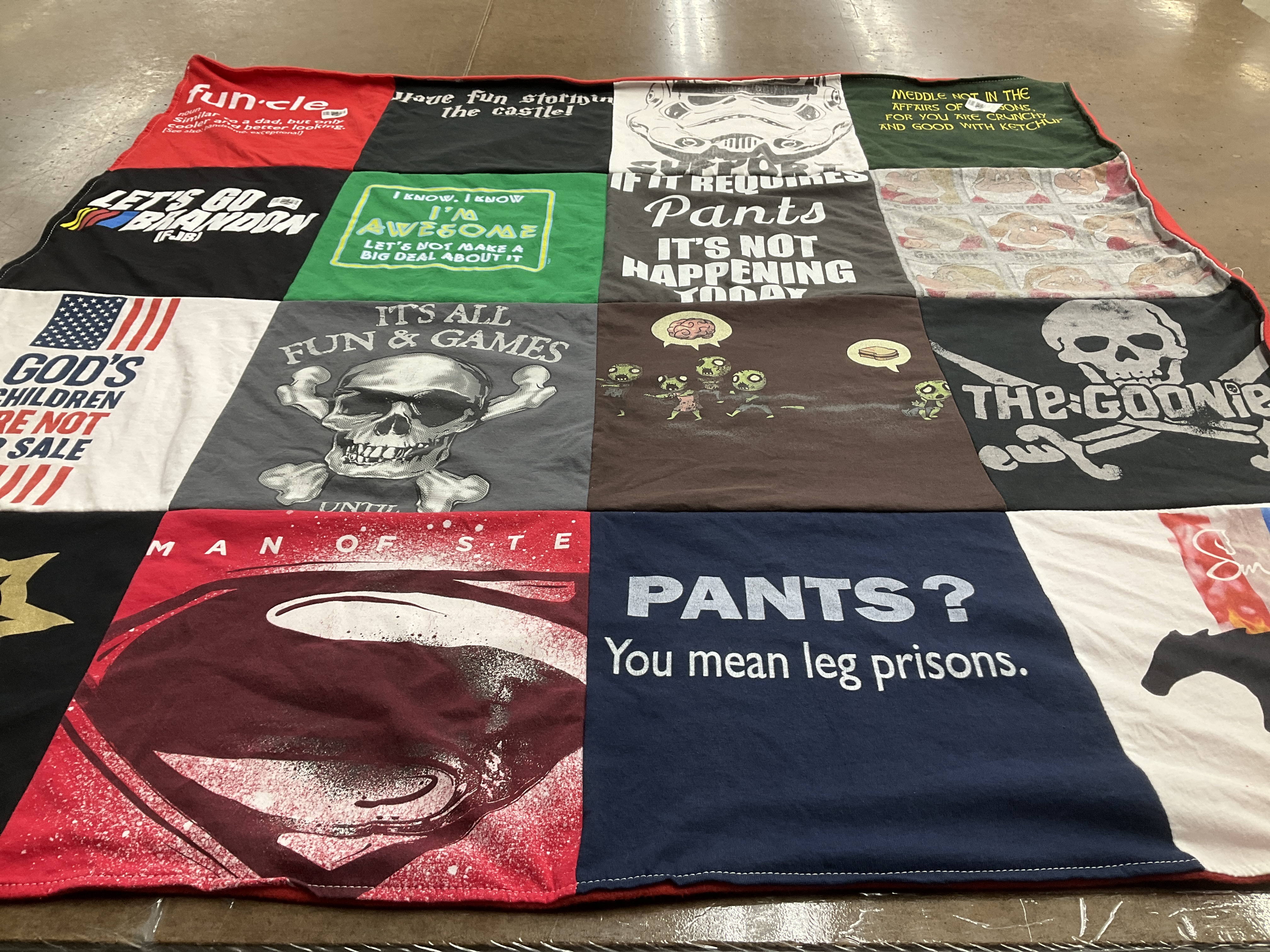 T-shirt quilt with humor, pop culture themes by Kara from UT