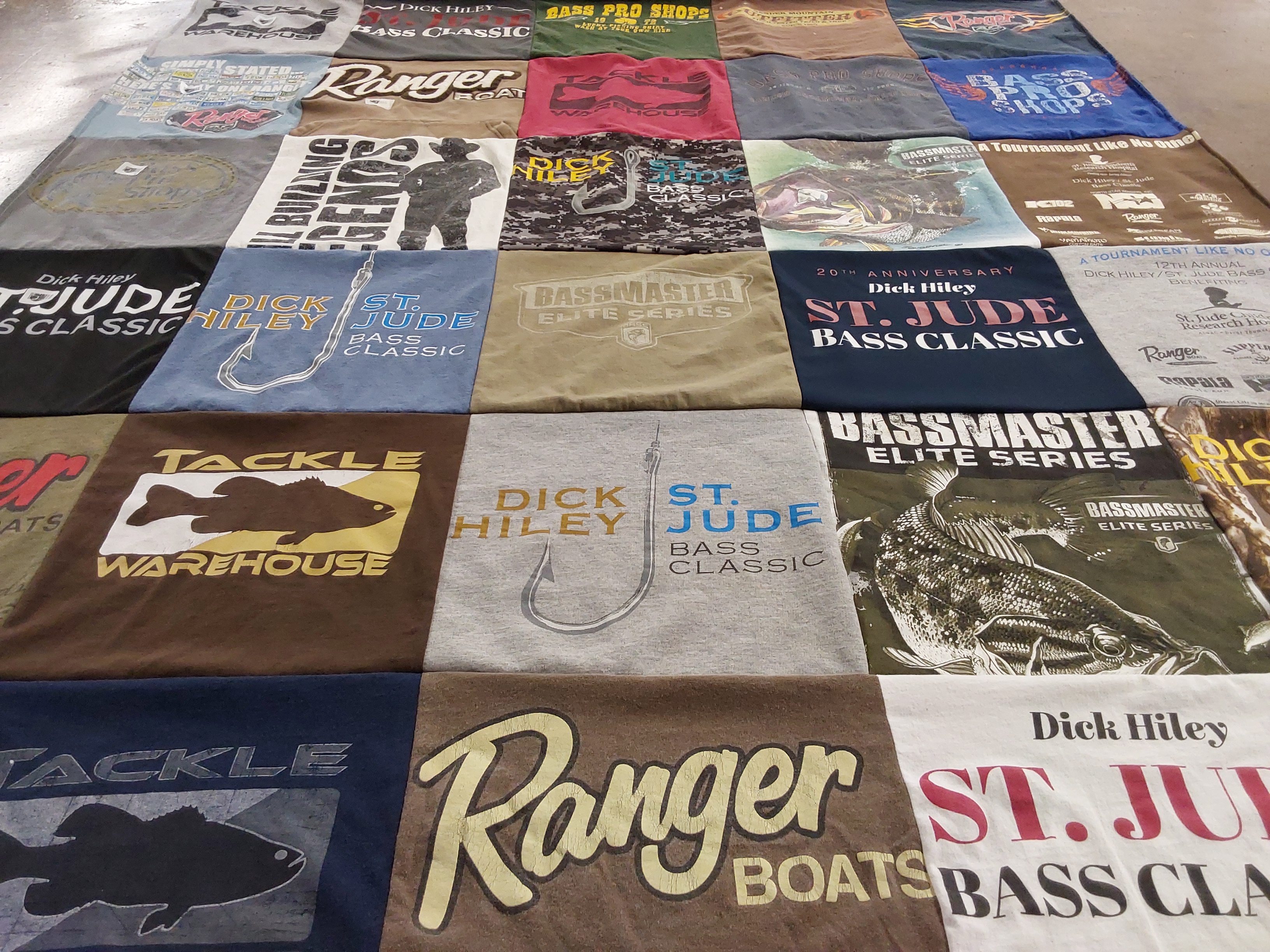T-shirt quilt with fishing, outdoors themes by Samantha from MN