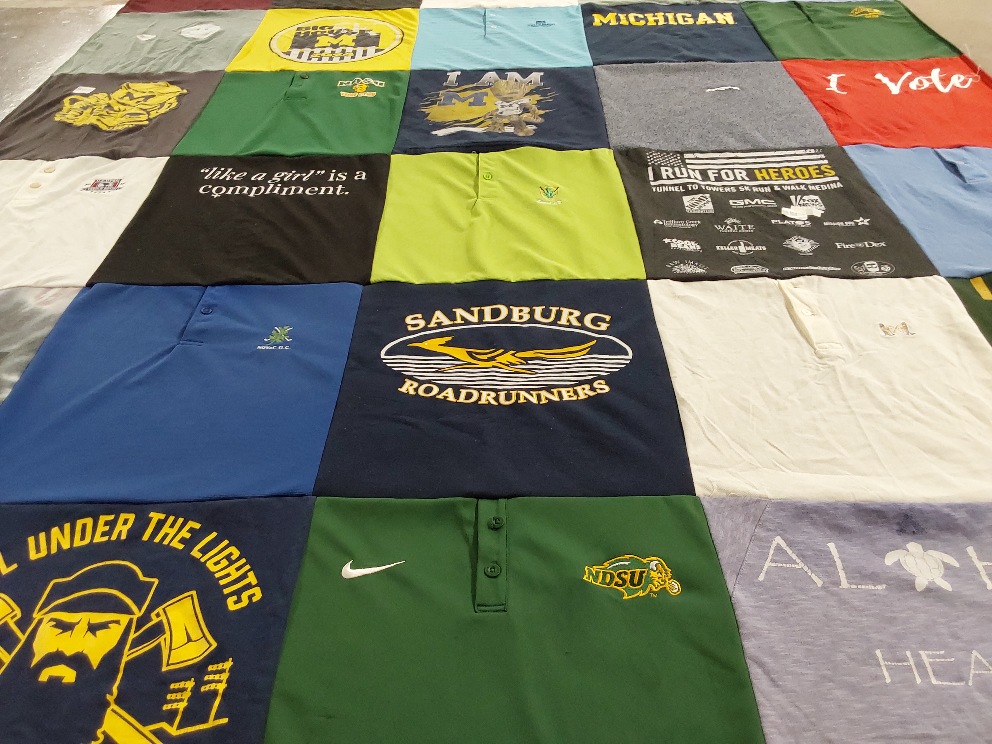T-shirt quilt featuring ndsu bison, sandburg roadrunners by Becky from OH