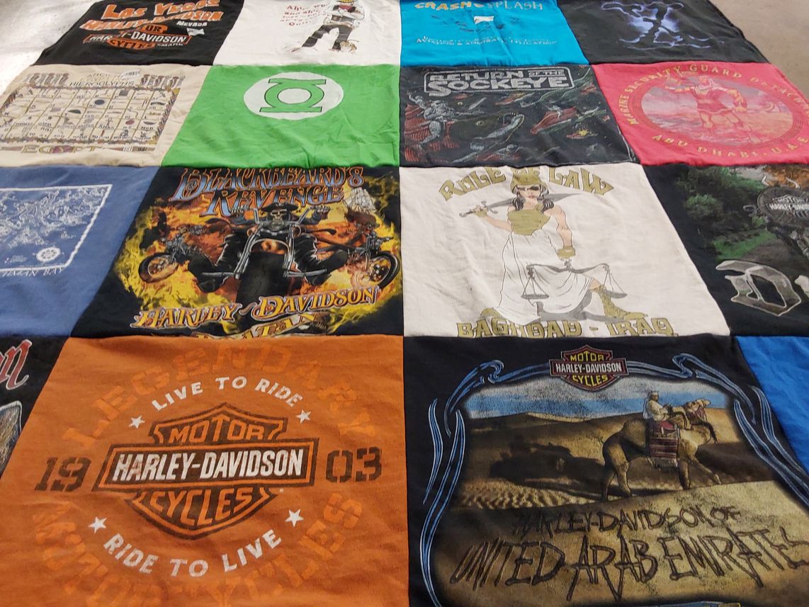 T-shirt quilt with motorcycles, justice themes by Susan from VA