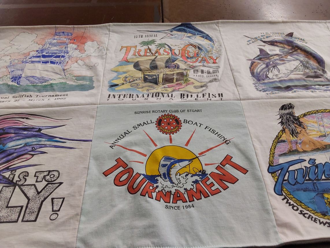 T-shirt quilt with fishing, sailing themes by Dave from SD