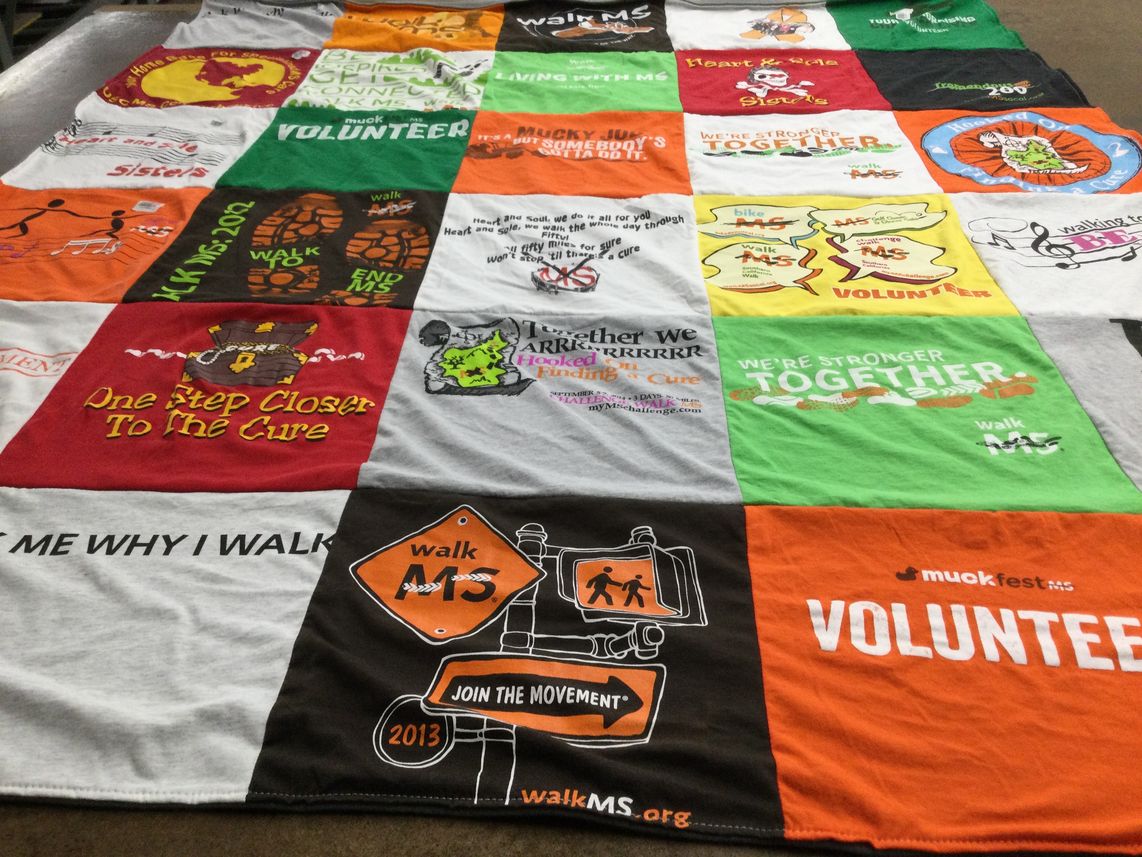 T-shirt quilt with volunteering, supporting causes themes by beth from CA