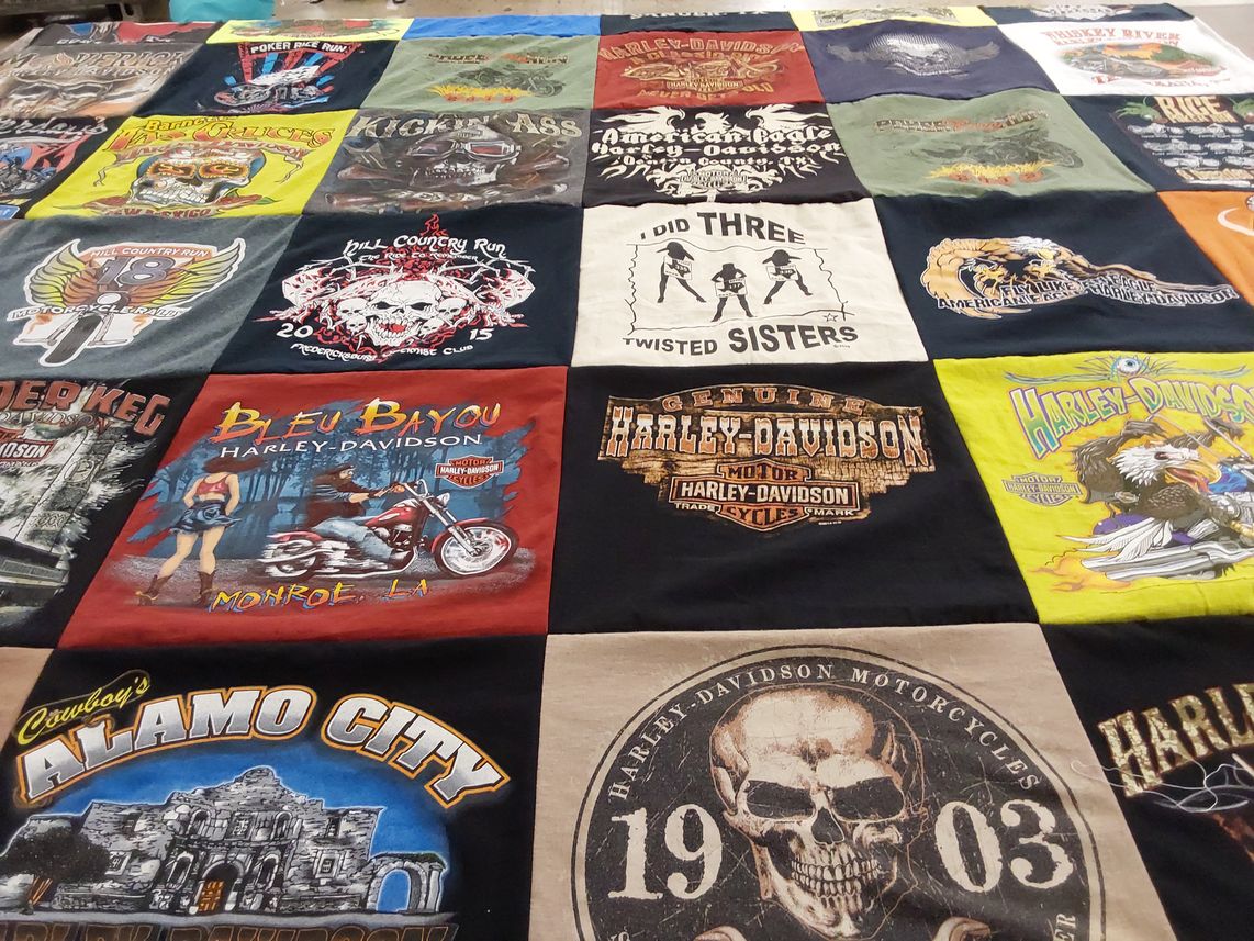 T-shirt quilt with motorcycles, biking themes by Chris from TX