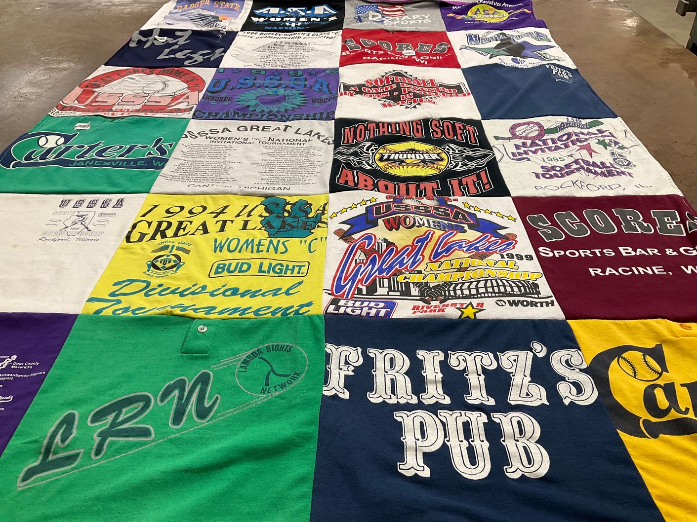 T-shirt quilt with softball, sports themes by Lucy from WI