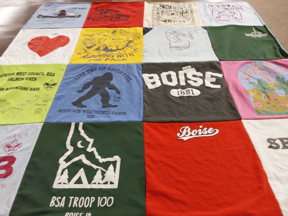 T-shirt quilt with outdoor activities, scouting themes by Kimberly from ID