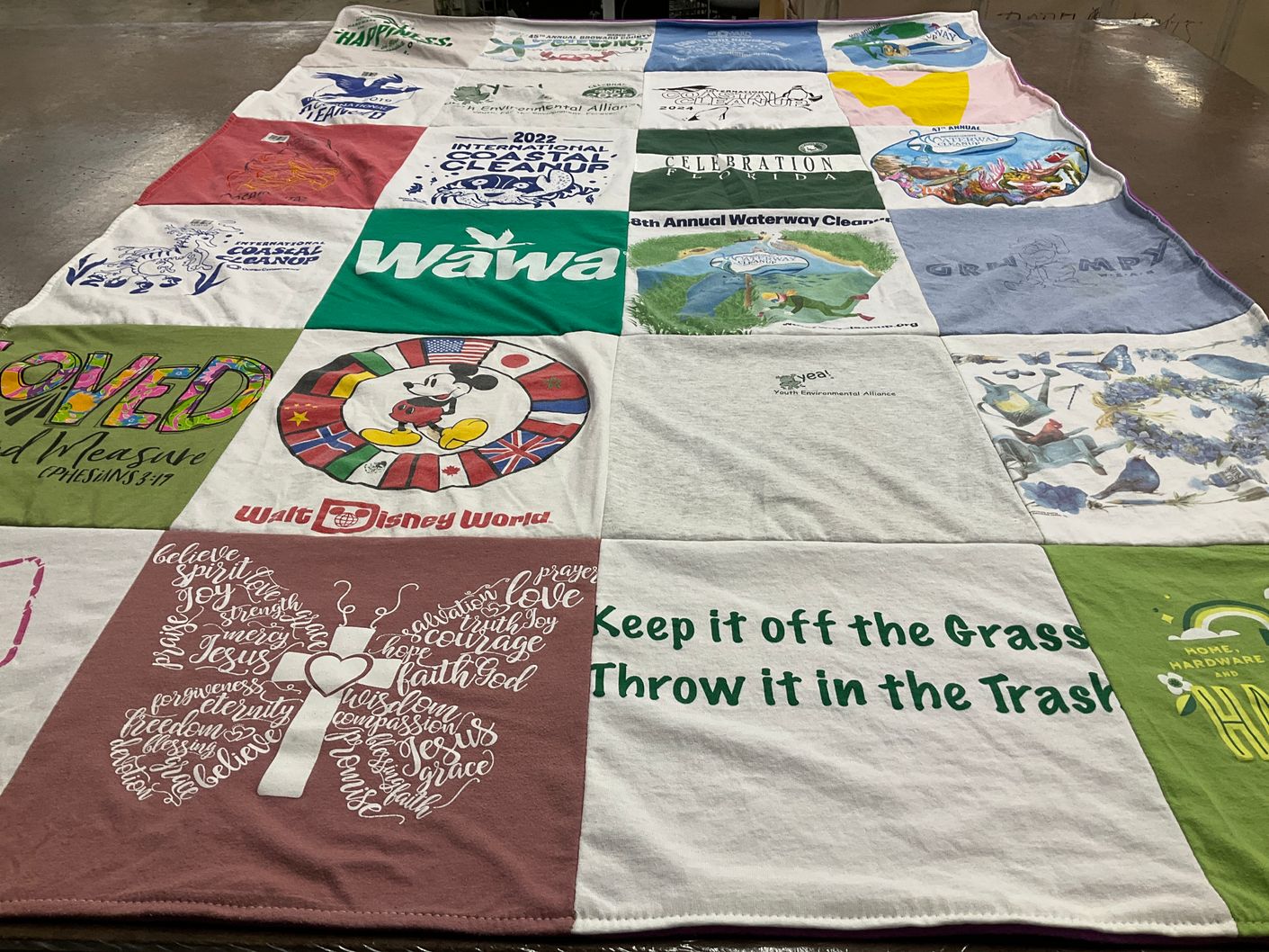 T-shirt quilt with environmental awareness, disney themes by Gail from FL