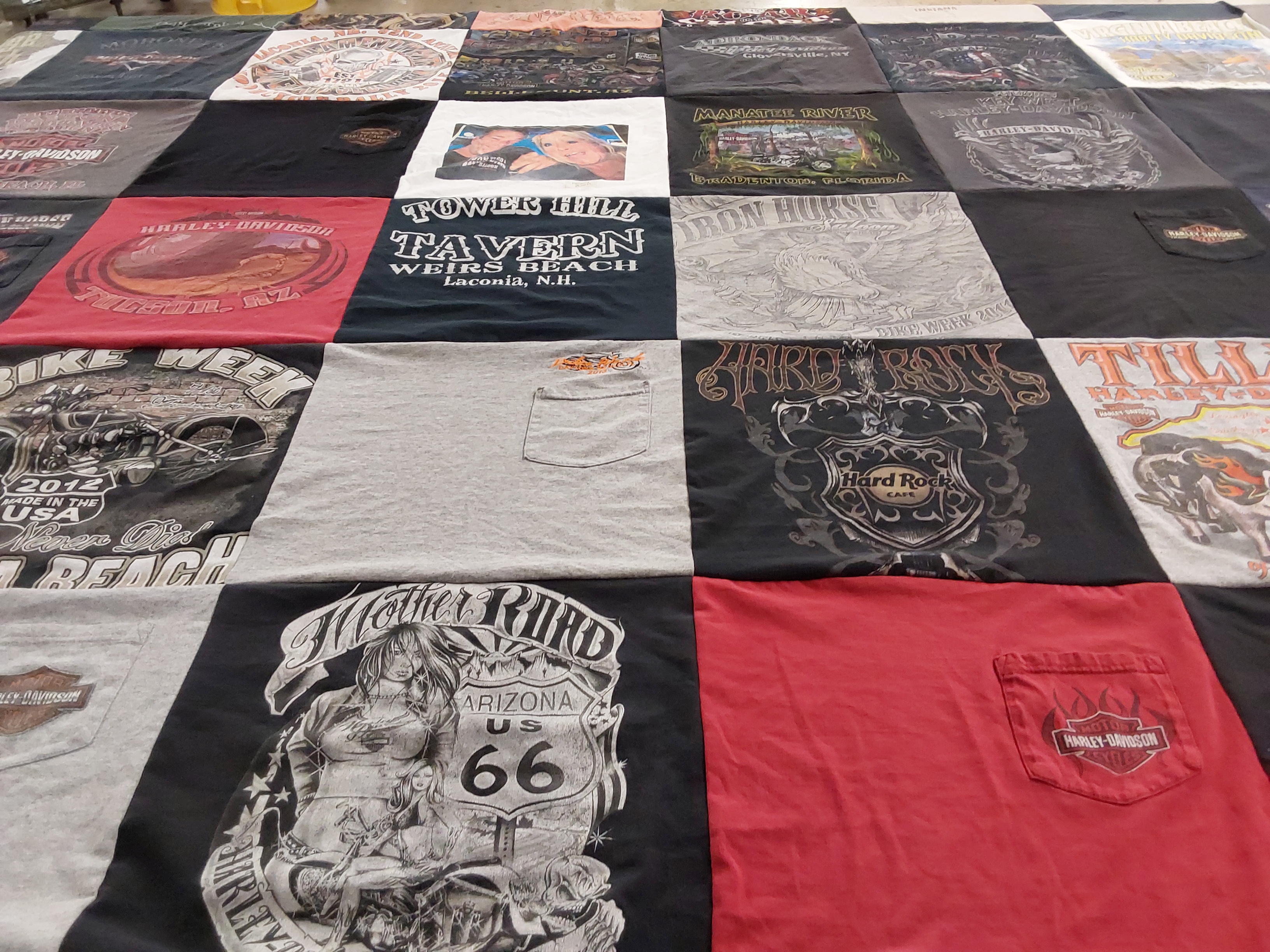 T-shirt quilt with motorcycles, biking themes by Cindy from NC