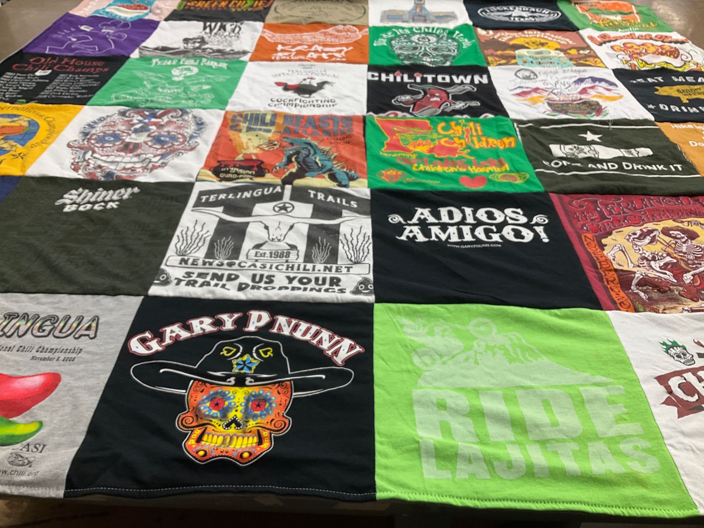 T-shirt quilt with chili, cockfighting themes by Michael from VA