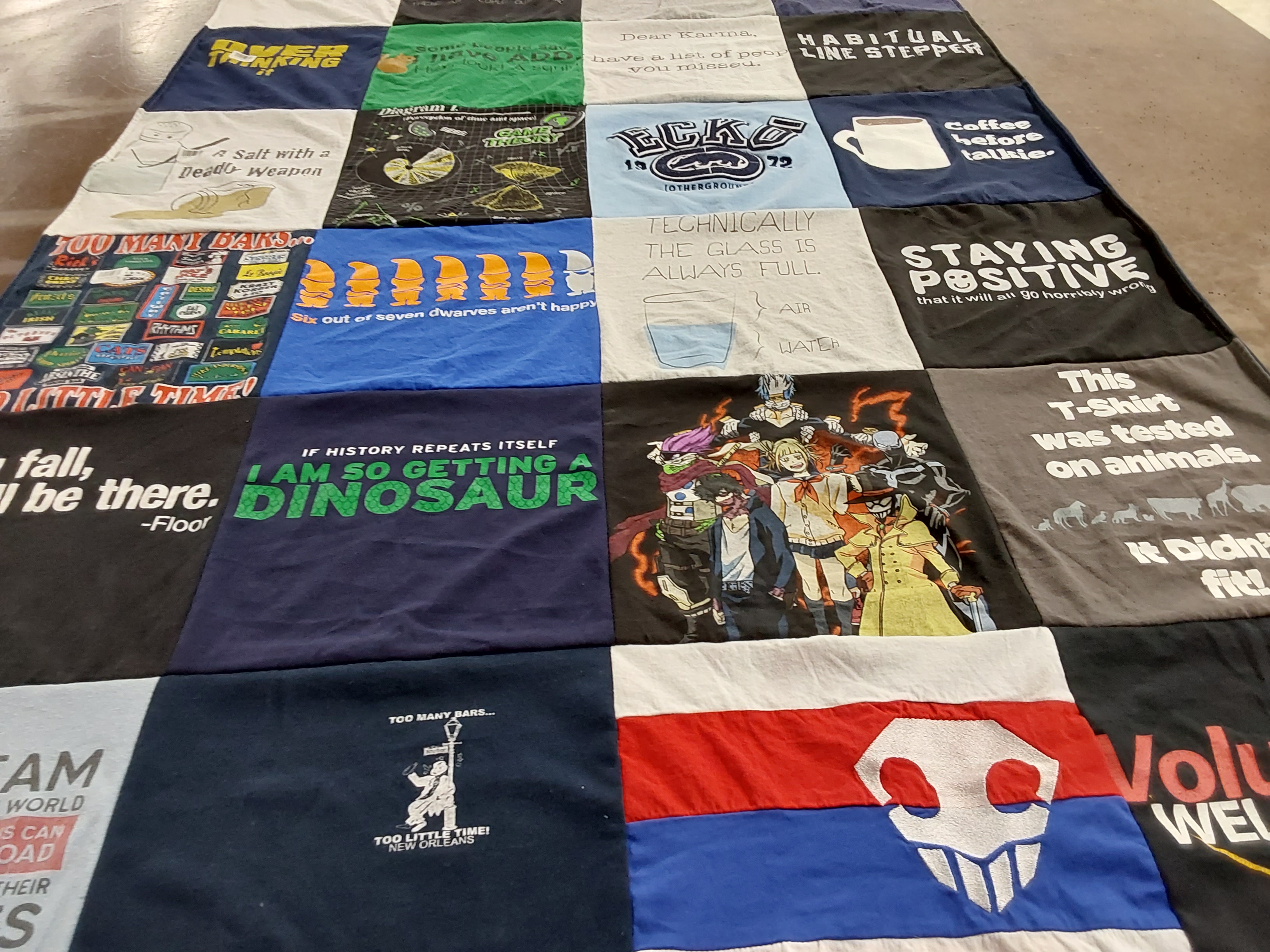 T-shirt quilt with humor, dinosaurs themes by Michelle from GA