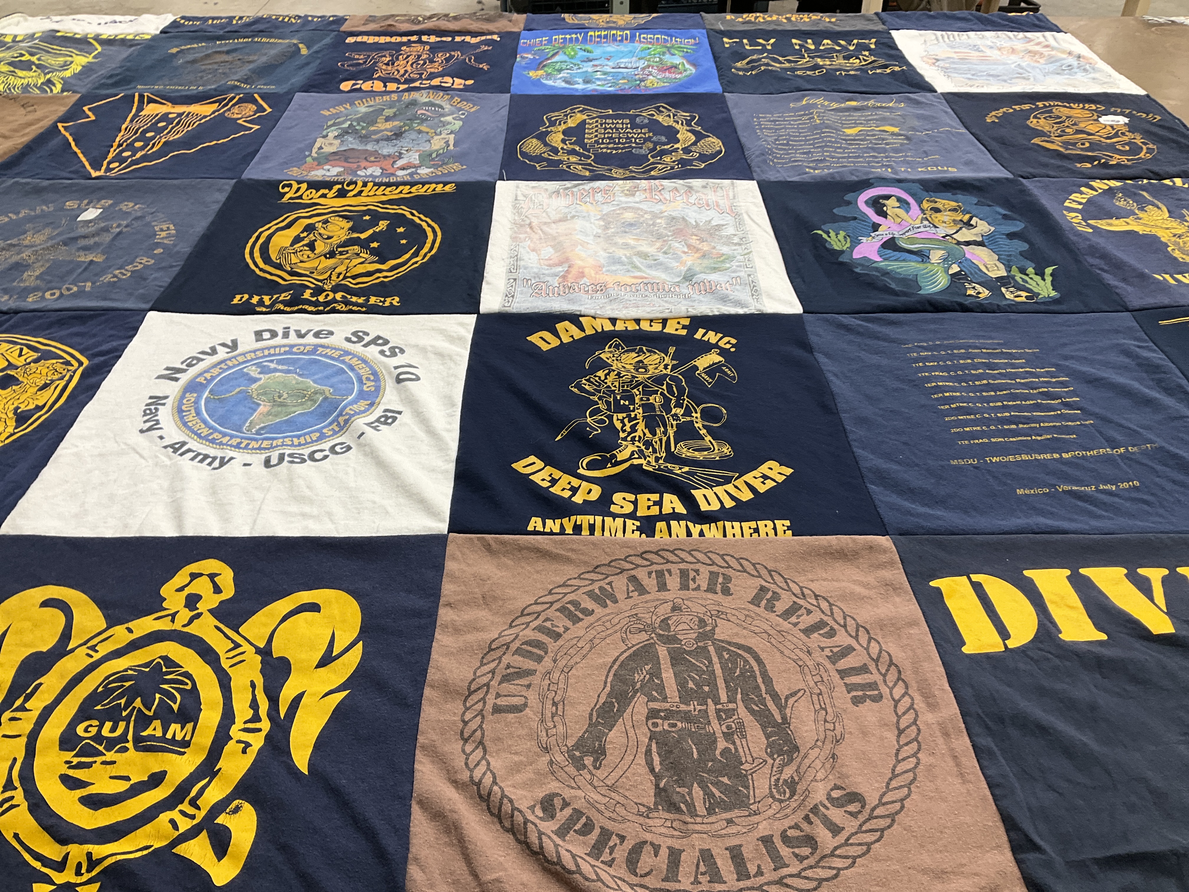 T-shirt quilt with diving, military themes by Tabitha from FL