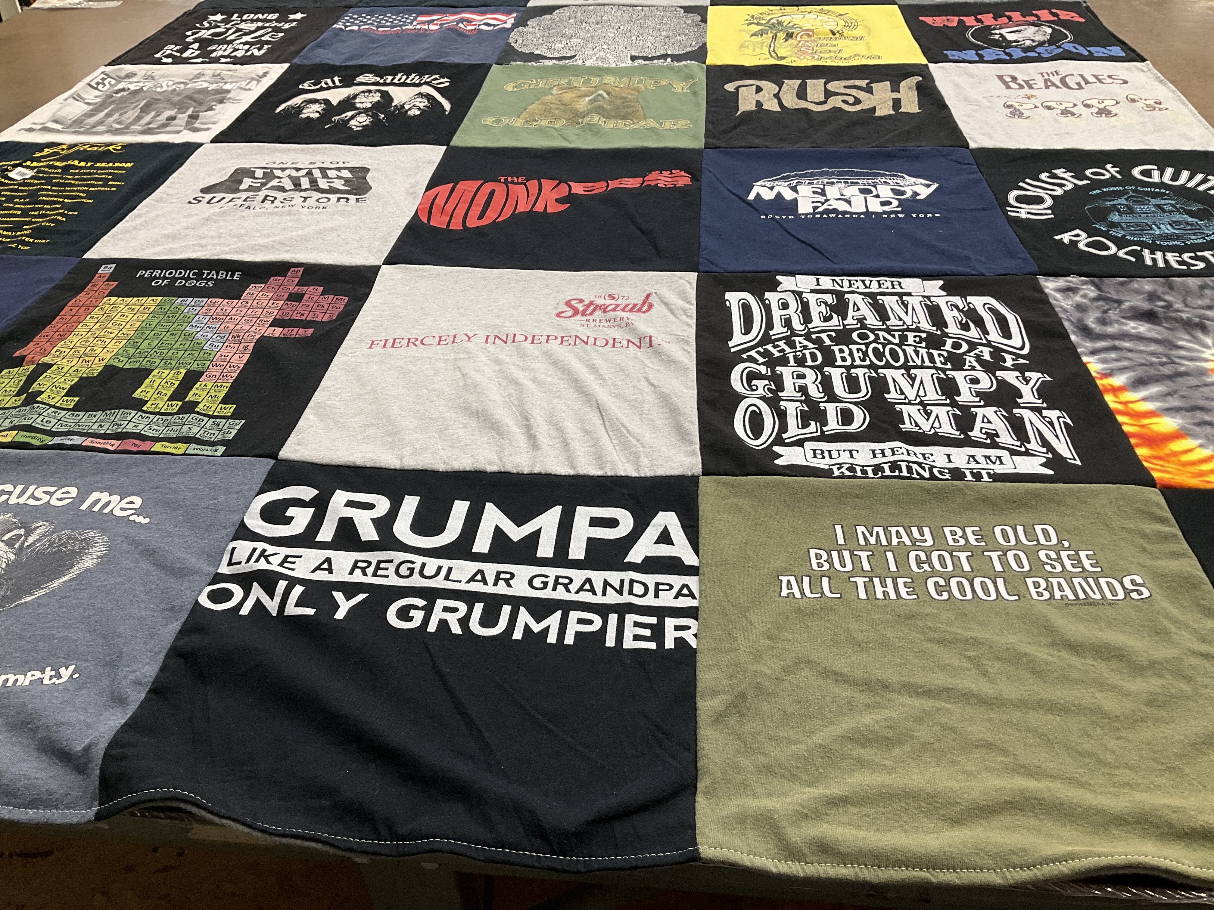T-shirt quilt with music, science themes by Sue from NY