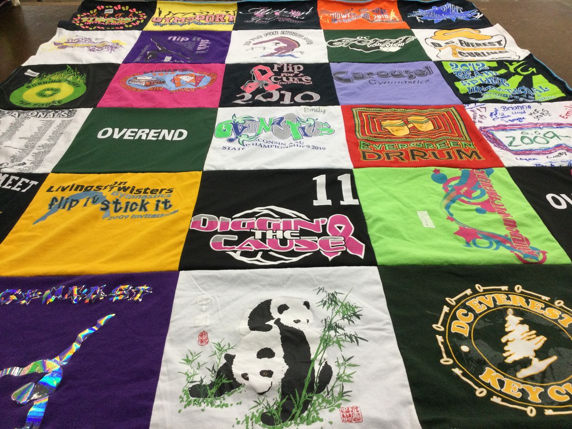 T-shirt quilt with gymnastics, dance themes by Paula from WI