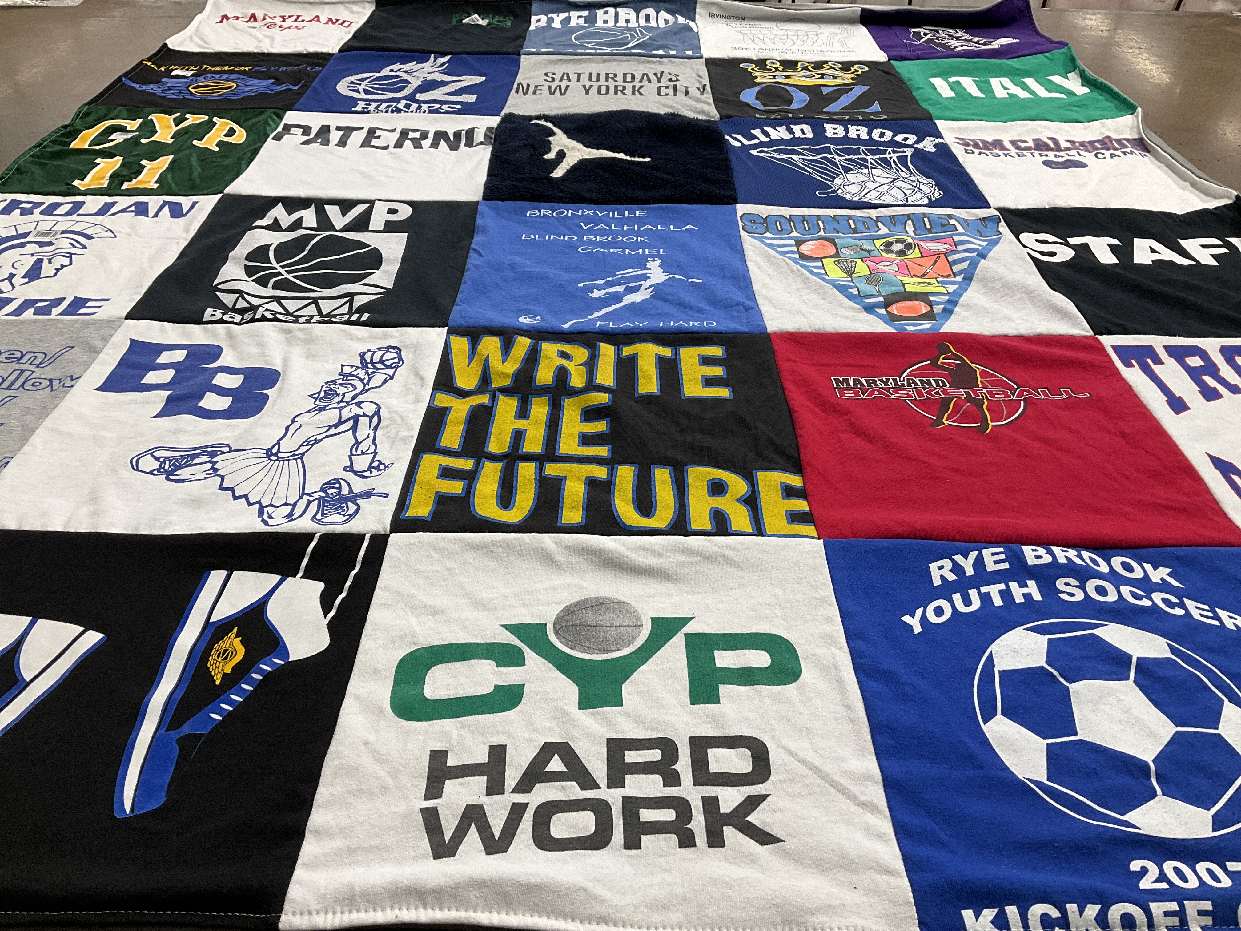 T-shirt quilt with basketball, soccer themes by Annemarie from NY