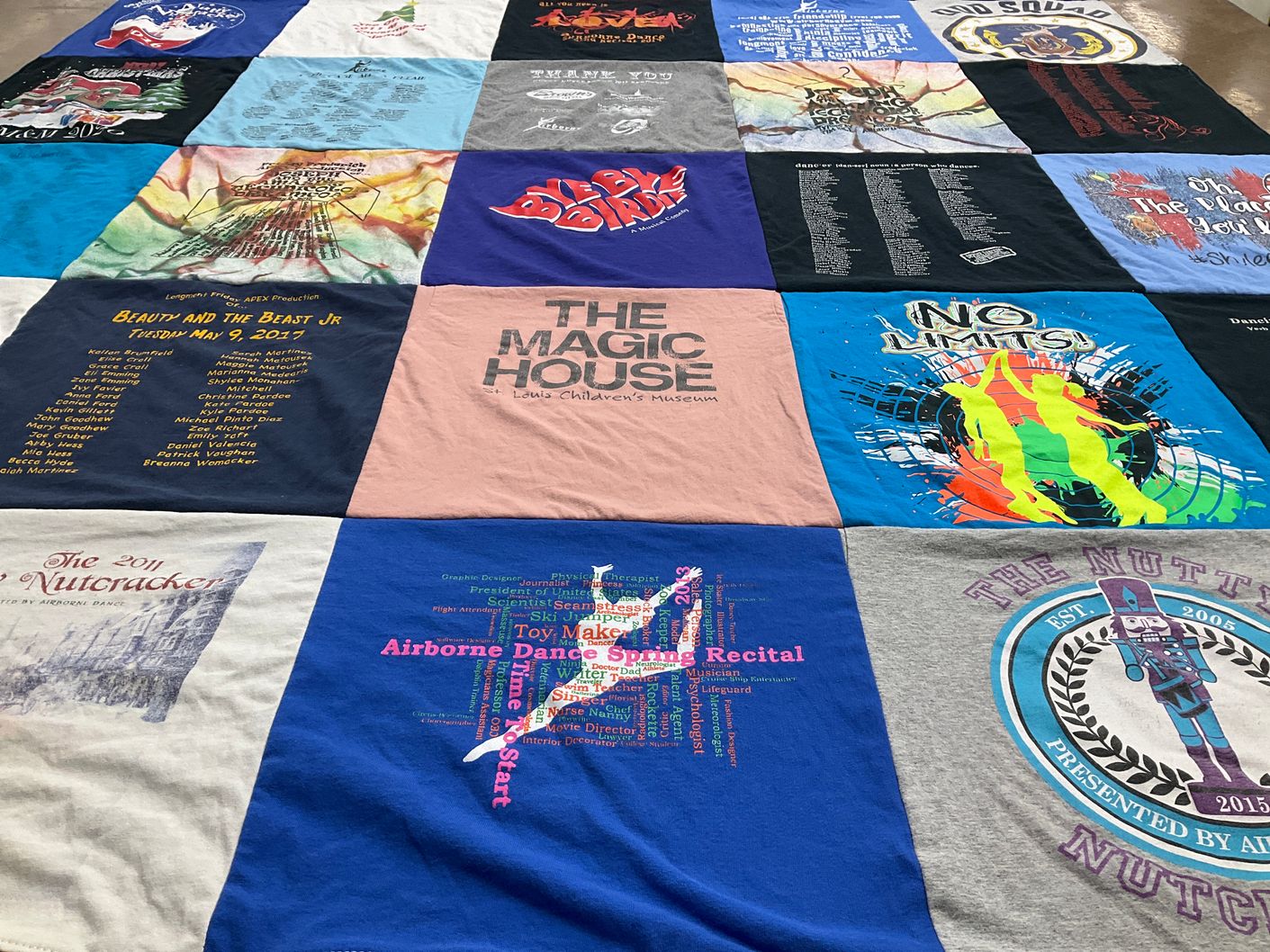 T-shirt quilt with theater, dance themes by Terri from CO