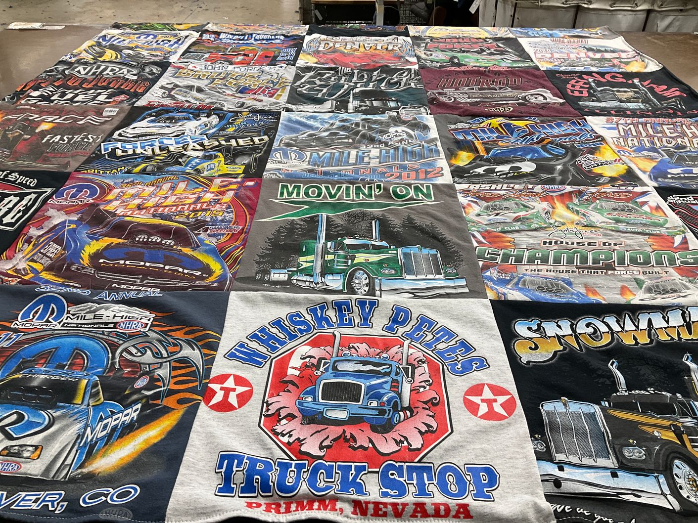 T-shirt quilt with drag racing, motorsports themes by Brenda from CO