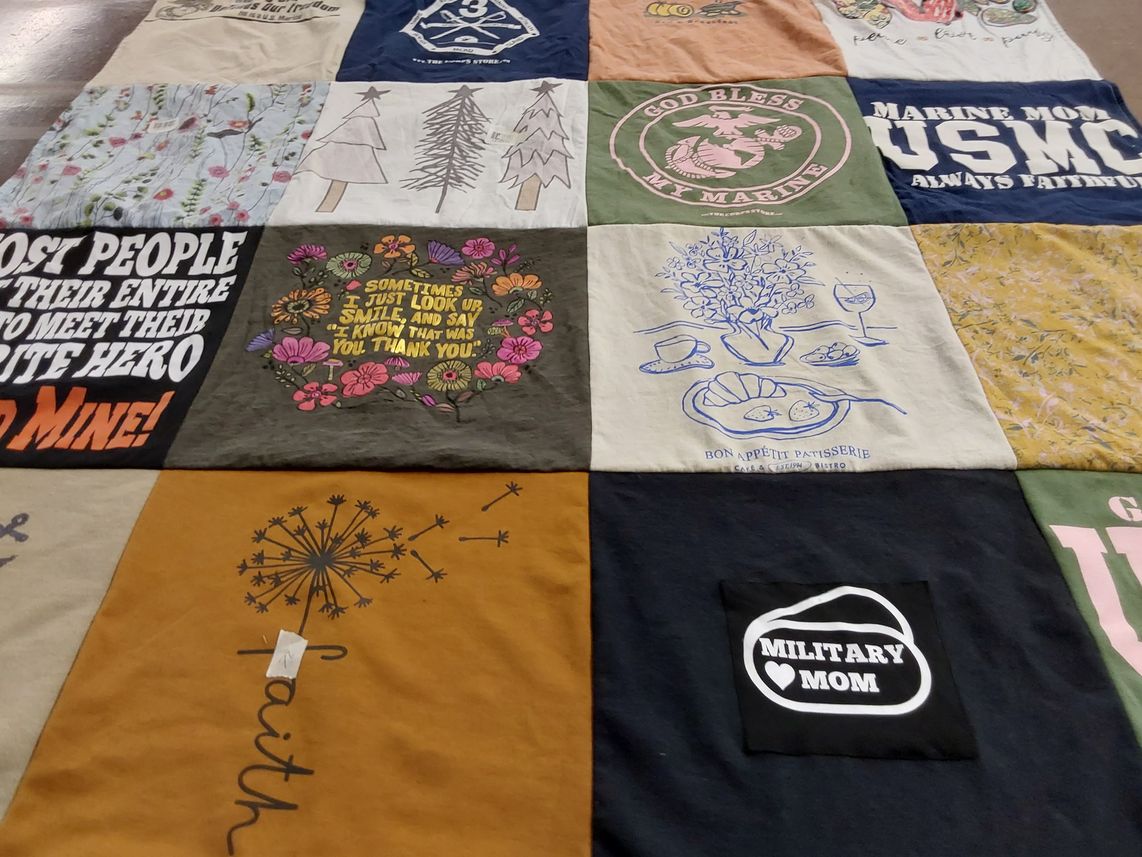 T-shirt quilt with military, families themes by Julie from MI