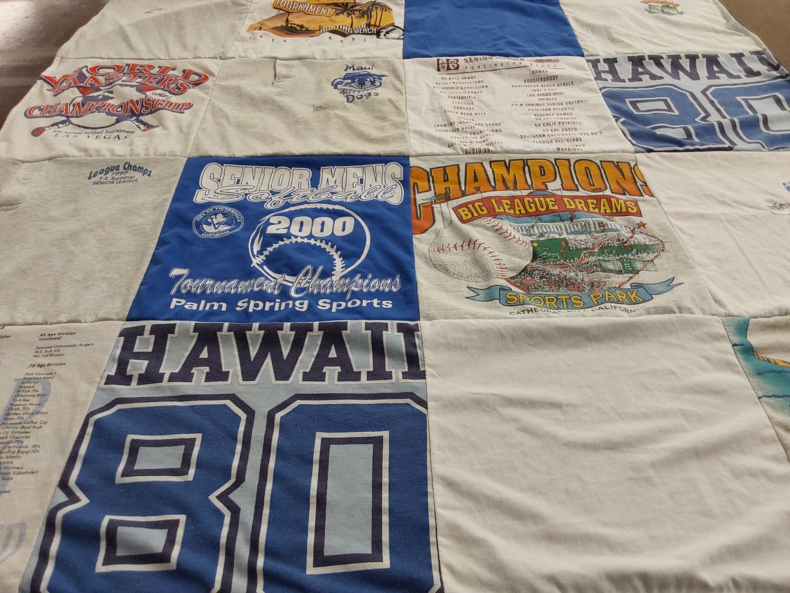 T-shirt quilt with softball, sports themes by susan from CA