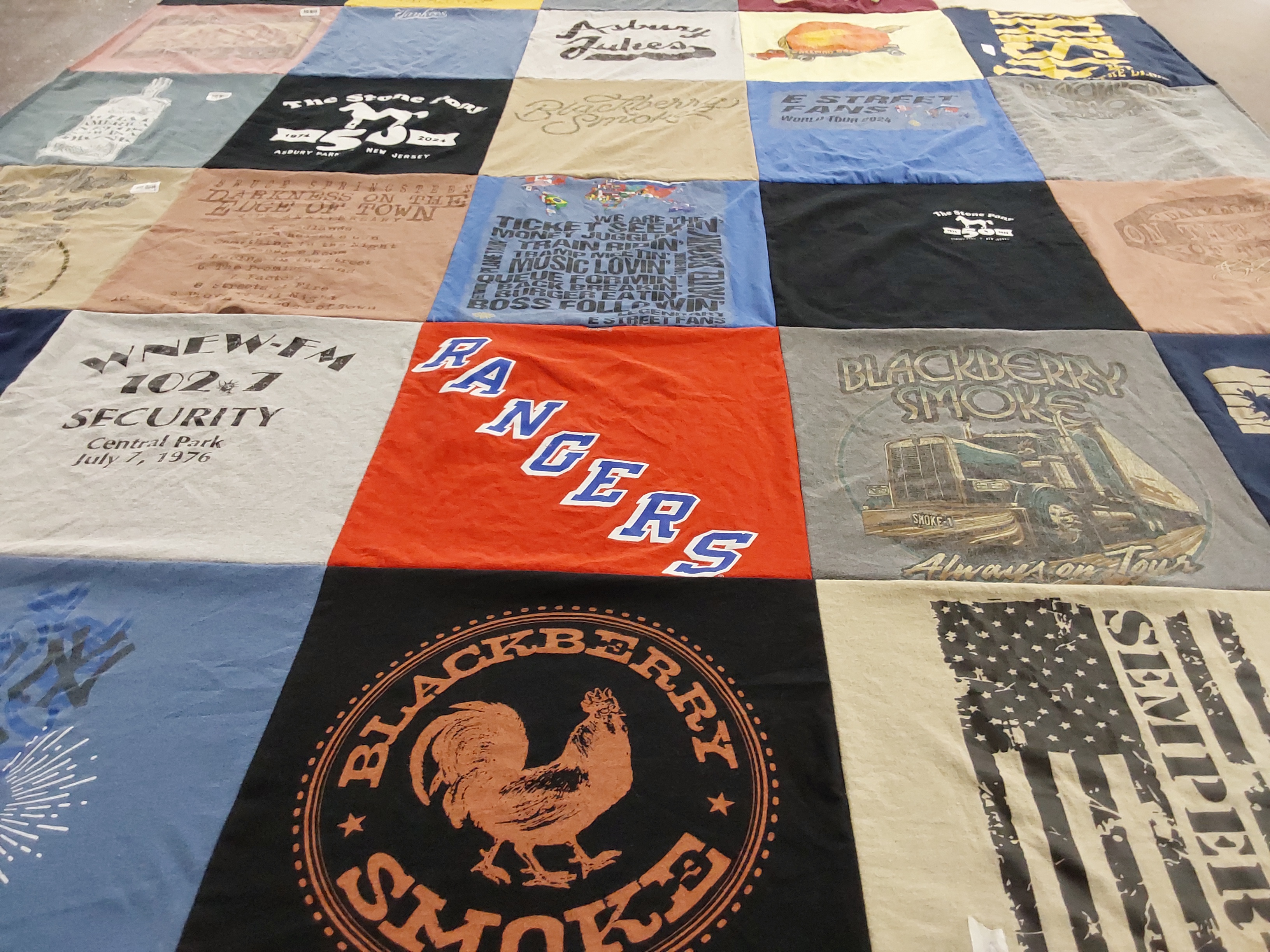 T-shirt quilt with music, sports themes by Nancy from NJ