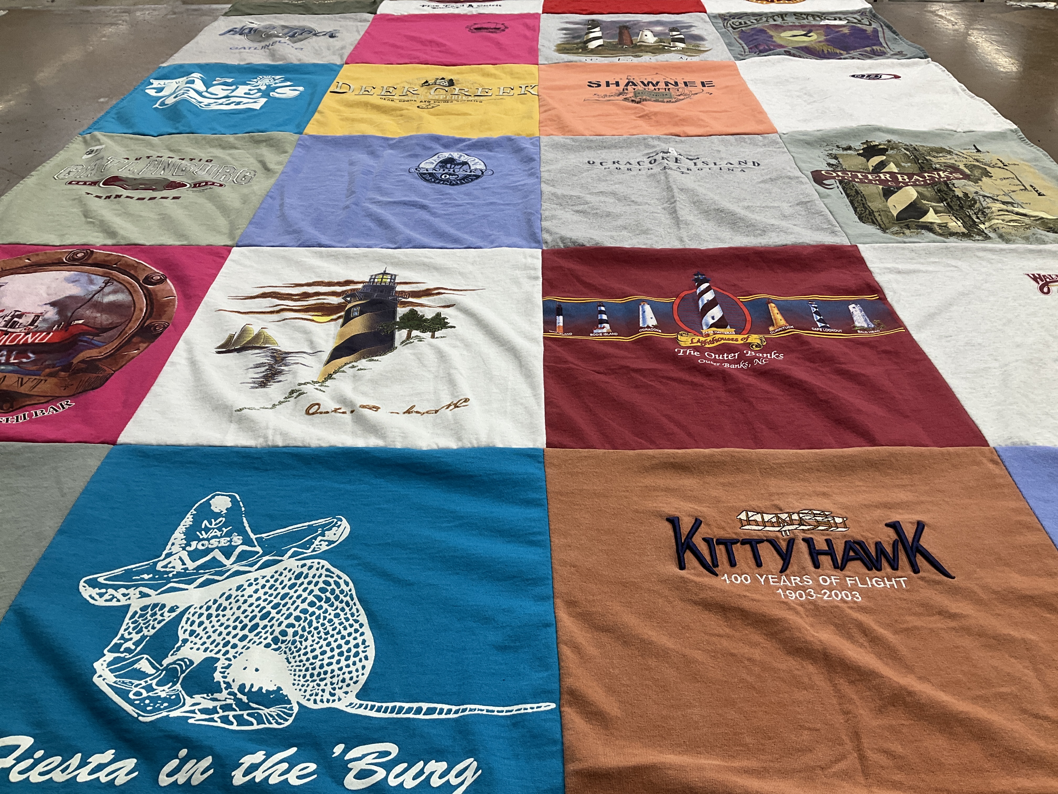T-shirt quilt with travel, beaches themes by Sharon from OH